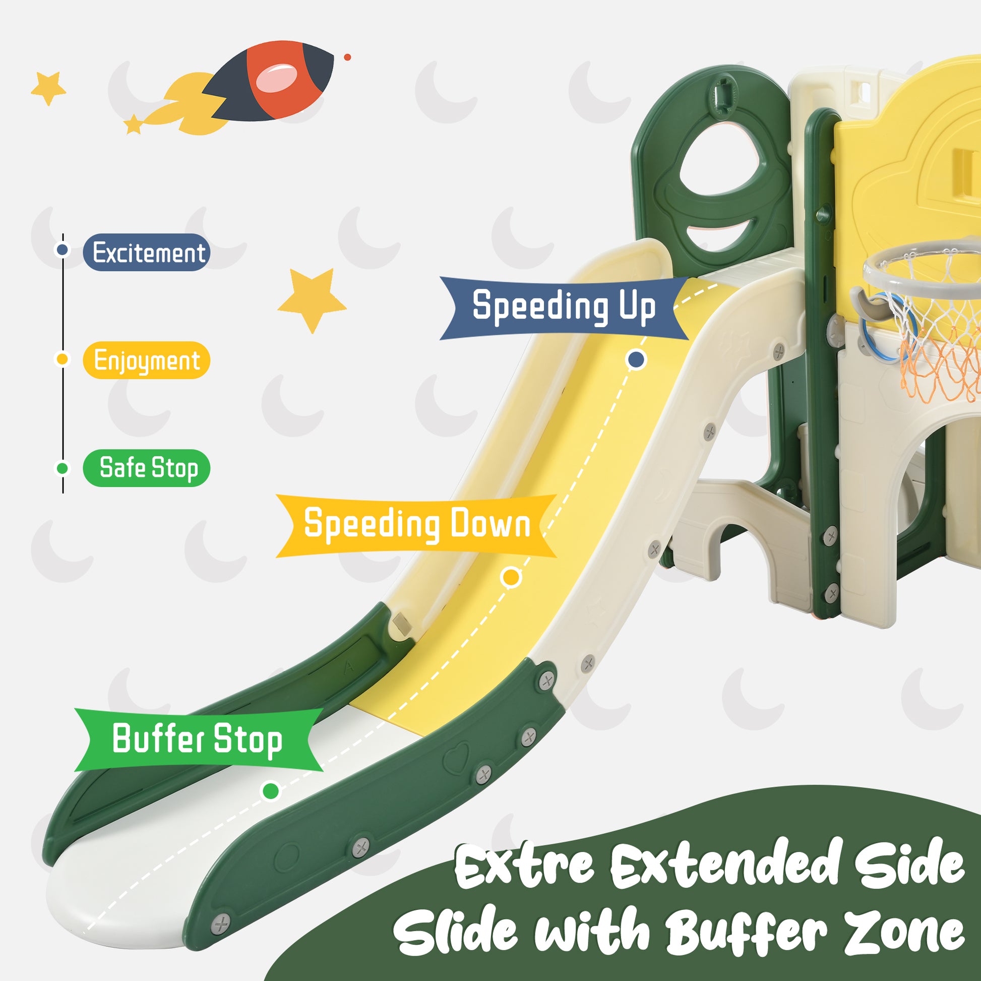 Kids Slide Playset Structure 9 In 1, Freestanding Space Set With Slide, Arch Tunnel, Ring Toss, Drawing Whiteboardl And Basketball Hoop For Toddlers, Kids Climbers Playground Yellow Hdpe Indoor & Outdoor Use