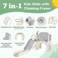 Kids Slide Playset Structure 7 In 1, Freestanding Space Set With Slide, Arch Tunnel, Ring Toss And Basketball Hoop, Toy Storage Organizer For Toddlers, Kids Climbers Playground Grey White Hdpe