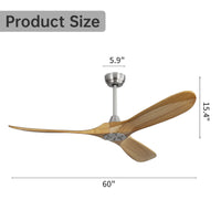 60 Inch Outdoor Ceiling Fan Without Light 3 Solid Wood Blade With Dc Motor Remote Control Brushed Nickel Metal & Wood