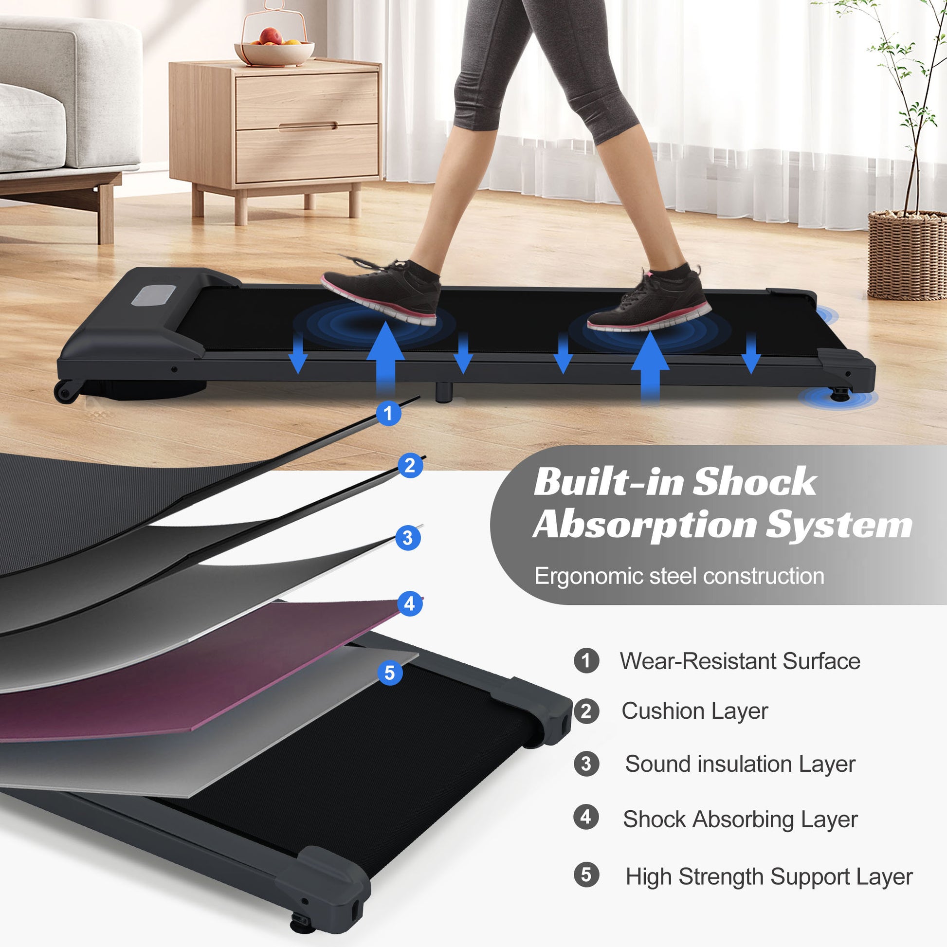 2 In 1 Under Desk Electric Treadmill 2.5Hp, Remote Control, Display, Walking Jogging Running Machine Fitness Equipment For Home Gym Office Black Metal