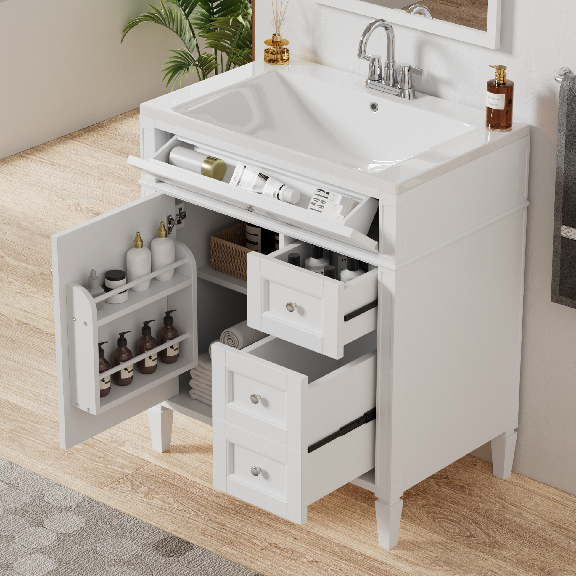 30'' Bathroom Vanity With Top Sink, Modern Bathroom Storage Cabinet With 2 Drawers And A Tip Out Drawer, Single Sink Bathroom Vanity 3 White 1 2 Adjustable Shelves Bathroom Freestanding Solid Wood Mdf Painted