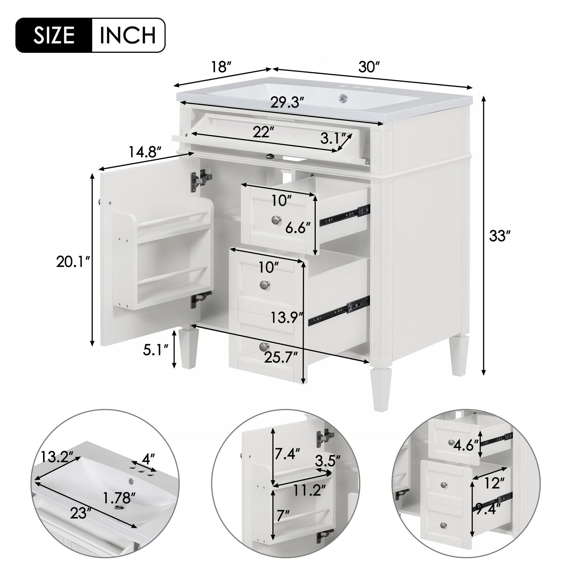 30'' Bathroom Vanity With Top Sink, Modern Bathroom Storage Cabinet With 2 Drawers And A Tip Out Drawer, Freestanding Vanity Set With Mirror Cabinet, Single Sink Bathroom Vanity 3 White Bathroom Solid Wood Mdf Resin Painted