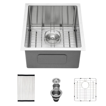 15 Inch Undermount Sink 15"X17"X10" Undermount Stainless Steel Kitchen Sink 16 Gauge Single Bowl Kitchen Sink 10 Inch Deep Bar Prep Sink Basin Brushed Nickel Stainless Steel