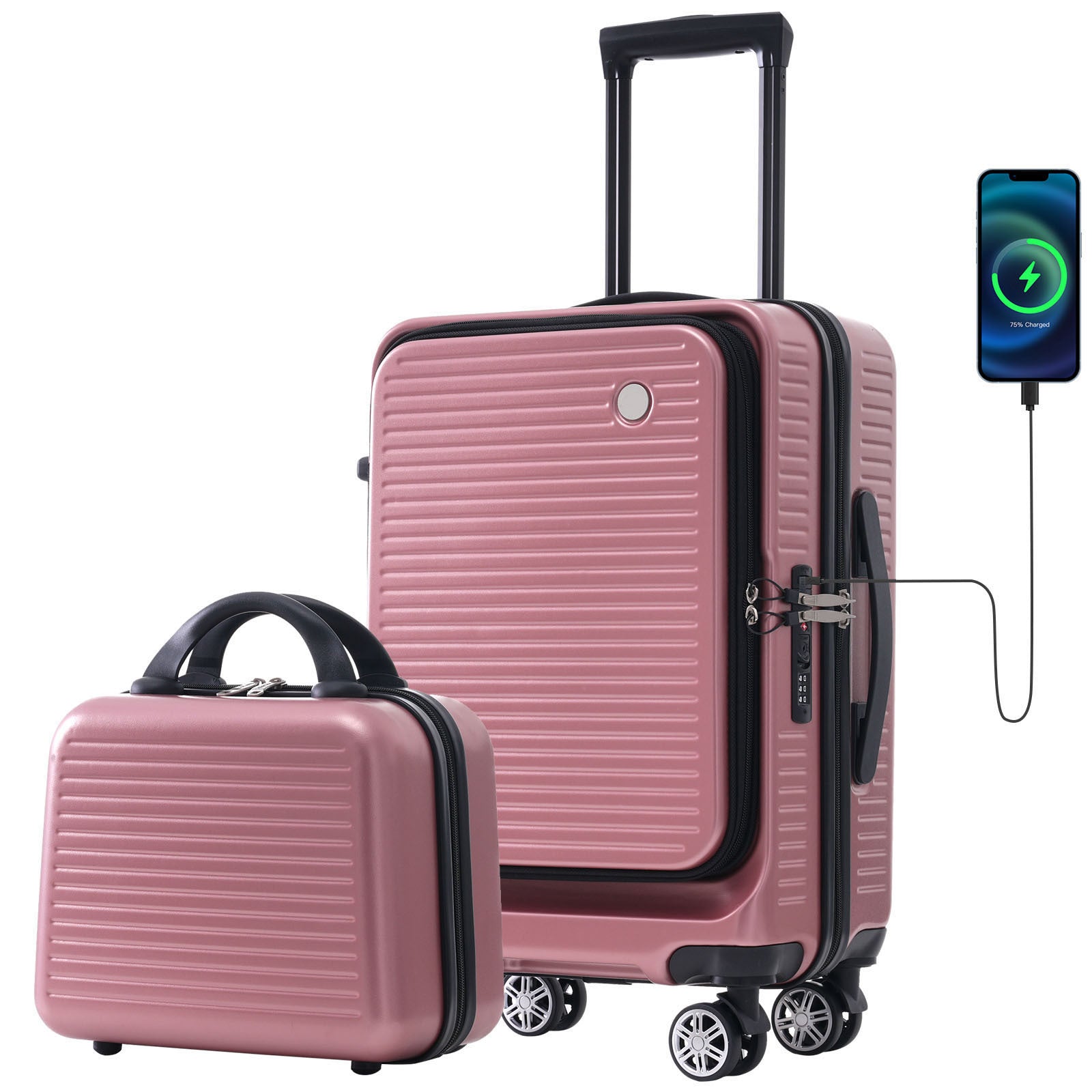 Carry On Luggage 20 Inch Front Open Luggage Lightweight Suitcase With Front Pocket And Usb Port, 1 Portable Carrying Case Rose Gold Abs