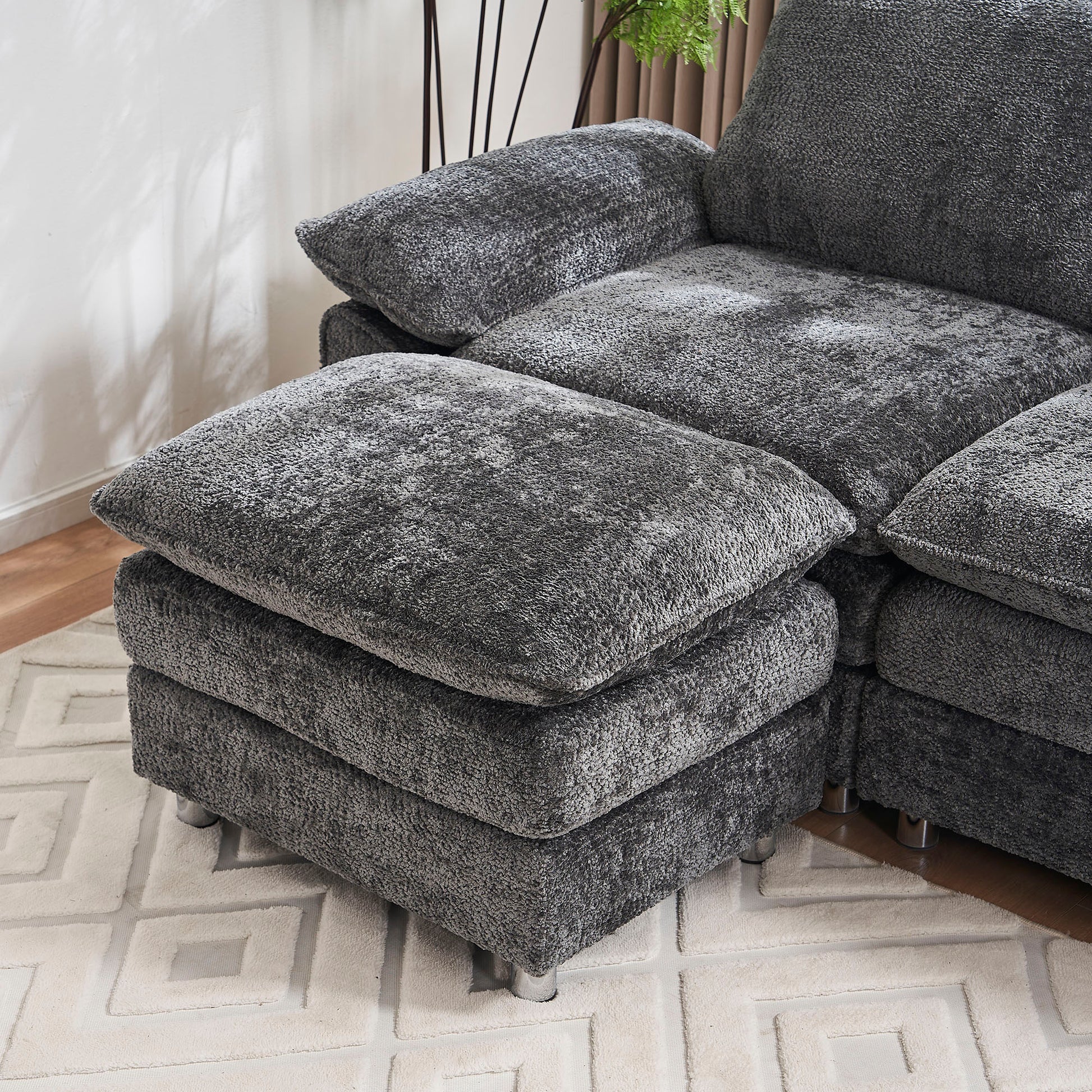 Modern Deep 3 Seat Sofa Couch With Ottoman, Polyester Sofa Sleeper Comfy Upholstered Furniture For Living Room, Apartment, Studio, Office,Dark Grey Dark Grey Polyester 3 Seat