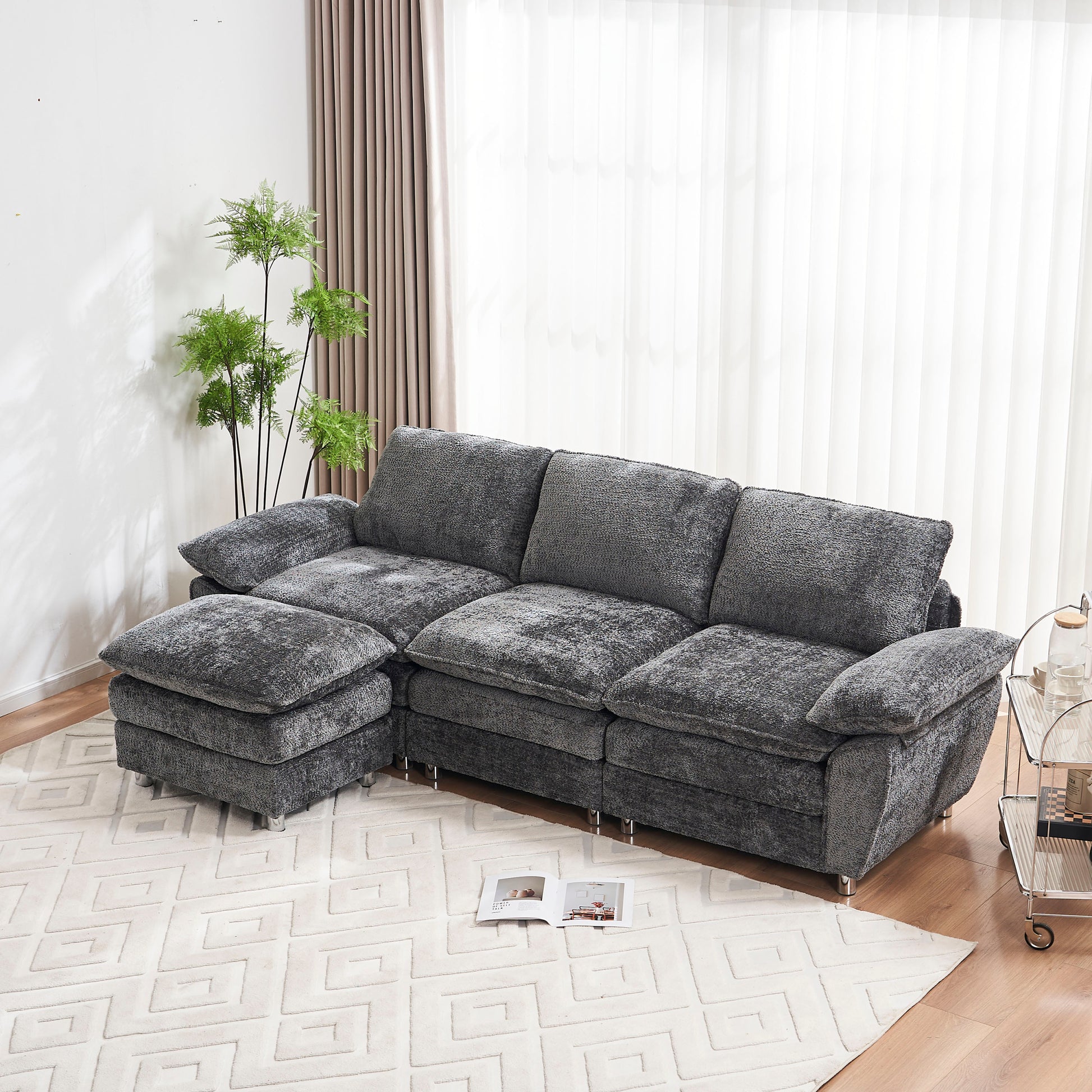 Modern Deep 3 Seat Sofa Couch With Ottoman, Polyester Sofa Sleeper Comfy Upholstered Furniture For Living Room, Apartment, Studio, Office,Dark Grey Dark Grey Polyester 3 Seat