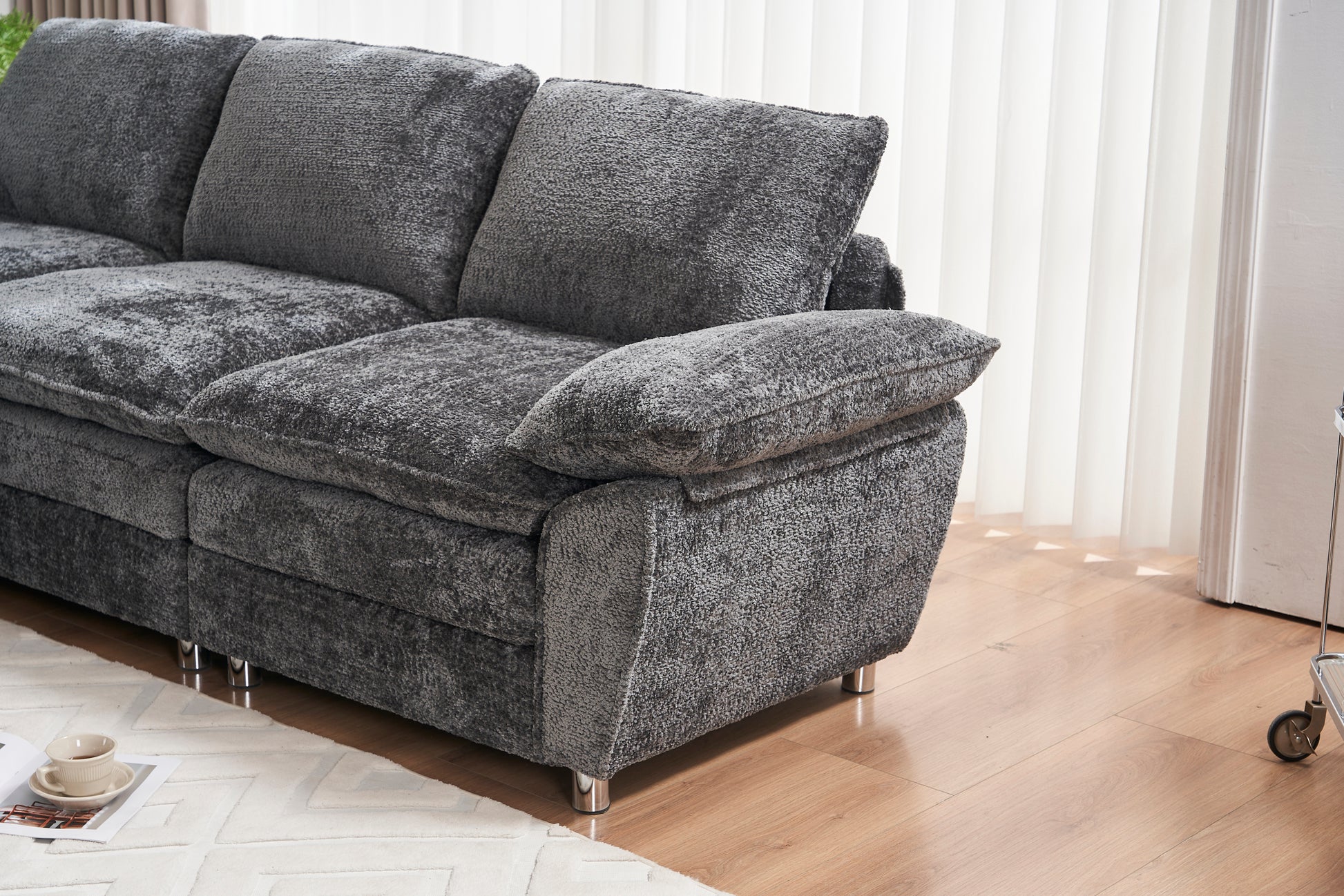 Modern Deep 3 Seat Sofa Couch With Ottoman, Polyester Sofa Sleeper Comfy Upholstered Furniture For Living Room, Apartment, Studio, Office,Dark Grey Dark Grey Polyester 3 Seat