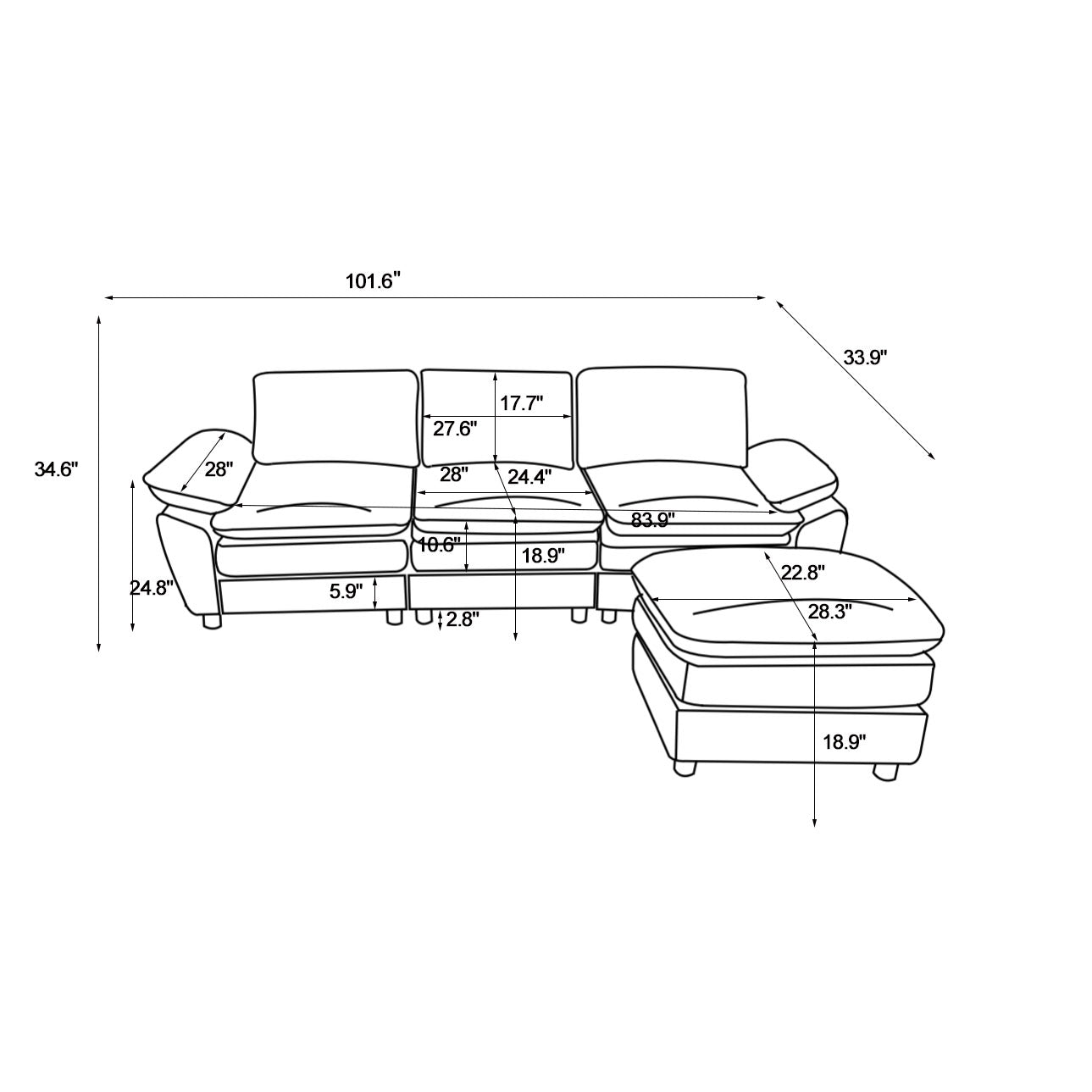 Modern Deep 3 Seat Sofa Couch With Ottoman, Polyester Sofa Sleeper Comfy Upholstered Furniture For Living Room, Apartment, Studio, Office,Dark Black Black Polyester 3 Seat