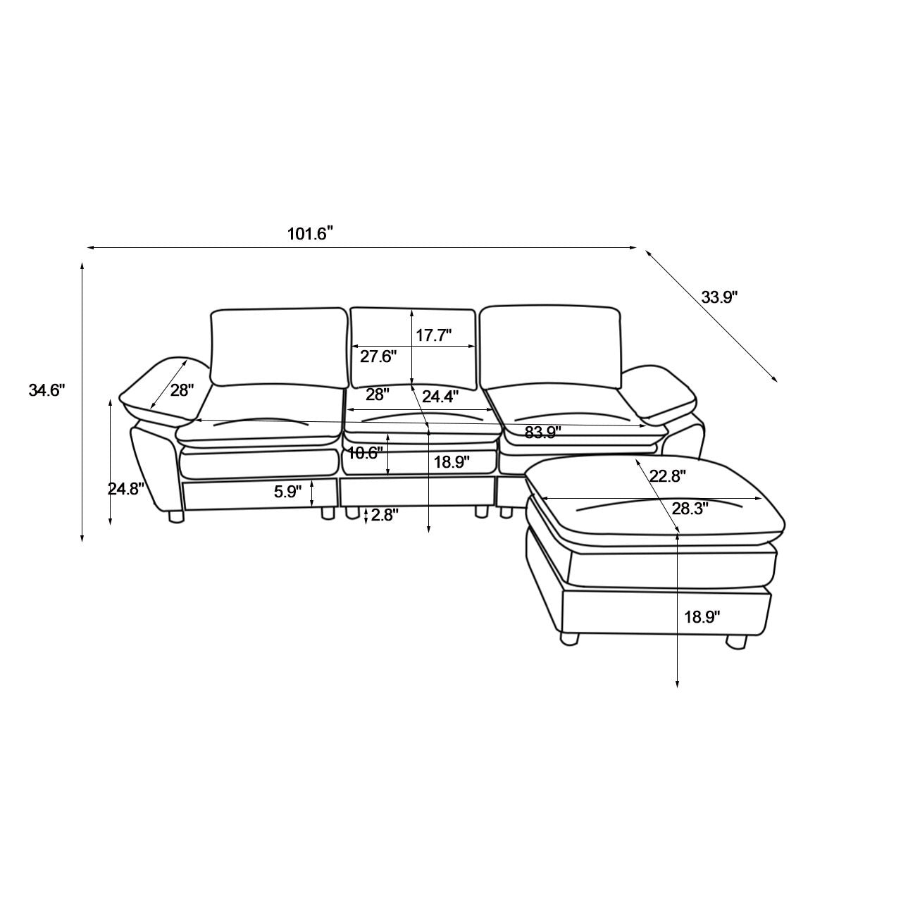 Modern Deep 3 Seat Sofa Couch With Ottoman, Polyester Sofa Sleeper Comfy Upholstered Furniture For Living Room, Apartment, Studio, Office,Dark Grey Dark Grey Polyester 3 Seat