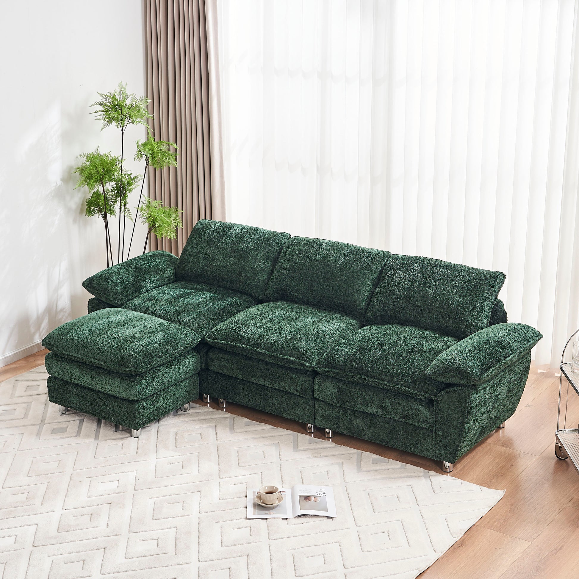 Modern Deep 3 Seat Sofa Couch With Ottoman, Polyester Sofa Sleeper Comfy Upholstered Furniture For Living Room, Apartment, Studio, Office, Green Green Polyester 3 Seat