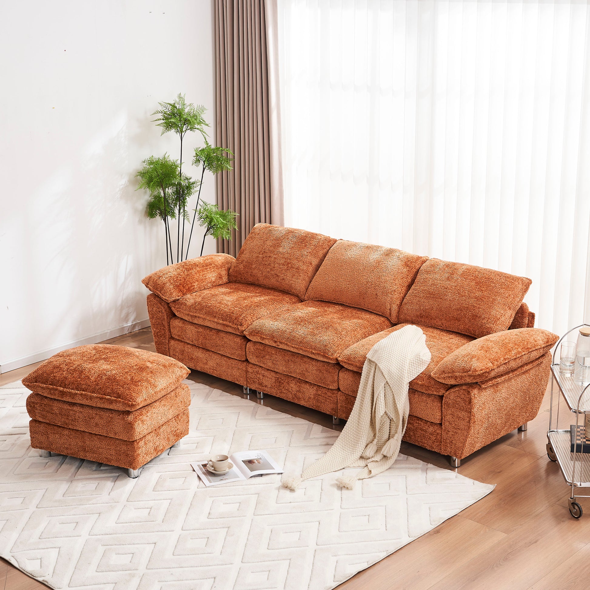 Modern Deep 3 Seat Sofa Couch With Ottoman, Polyester Sofa Sleeper Comfy Upholstered Furniture For Living Room, Apartment, Studio, Office, Orange Orange Polyester 3 Seat