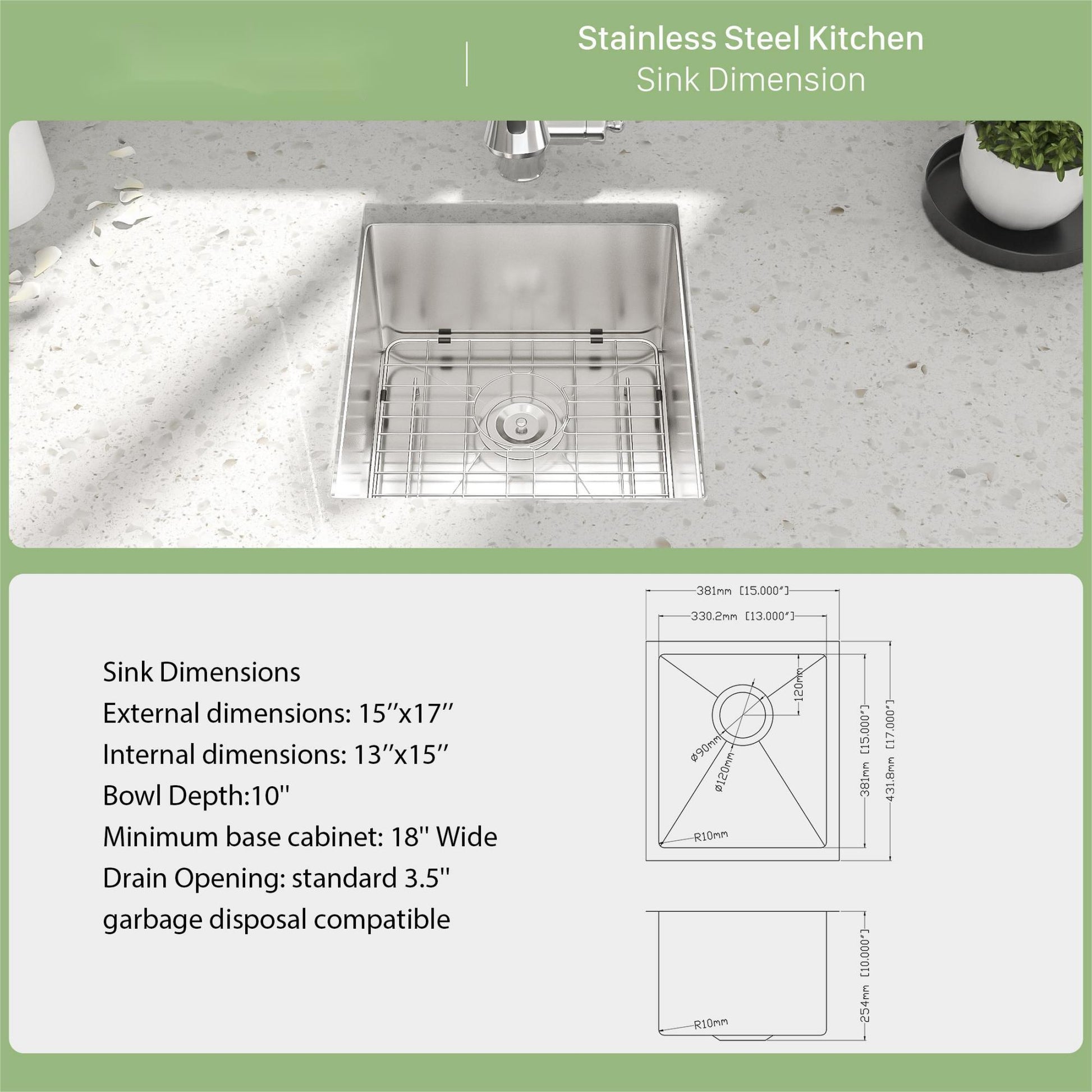 15 Inch Undermount Sink 15"X17"X10" Undermount Stainless Steel Kitchen Sink 16 Gauge Single Bowl Kitchen Sink 10 Inch Deep Bar Prep Sink Basin Brushed Nickel Stainless Steel