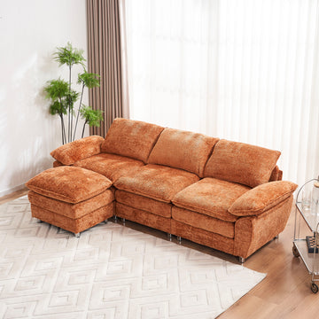 Modern Deep 3 Seat Sofa Couch With Ottoman, Polyester Sofa Sleeper Comfy Upholstered Furniture For Living Room, Apartment, Studio, Office, Orange Orange Polyester 3 Seat