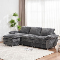 Modern Deep 3 Seat Sofa Couch With Ottoman, Polyester Sofa Sleeper Comfy Upholstered Furniture For Living Room, Apartment, Studio, Office,Dark Grey Dark Grey Polyester 3 Seat