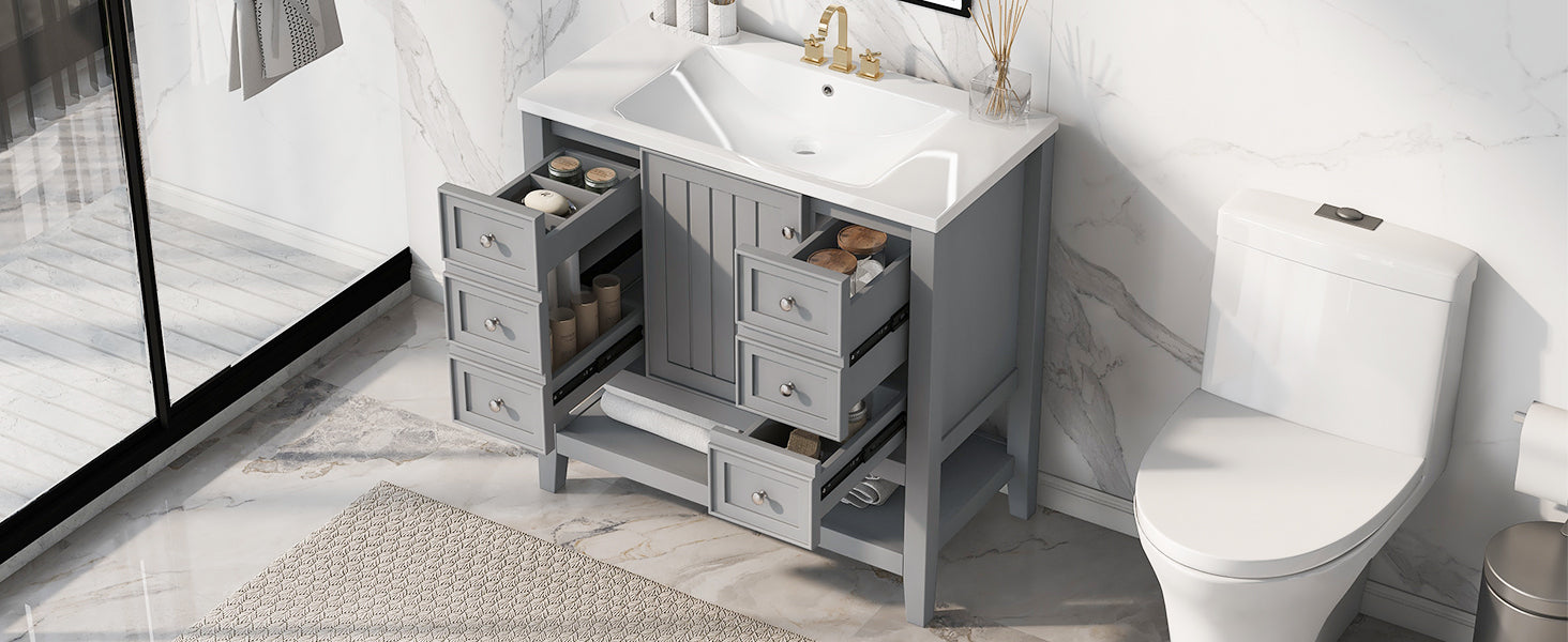 36" Bathroom Vanity With Sink Combo, One Cabinet And Three Drawers, Solid Wood And Mdf Board, Grey Grey Solid Wood Mdf