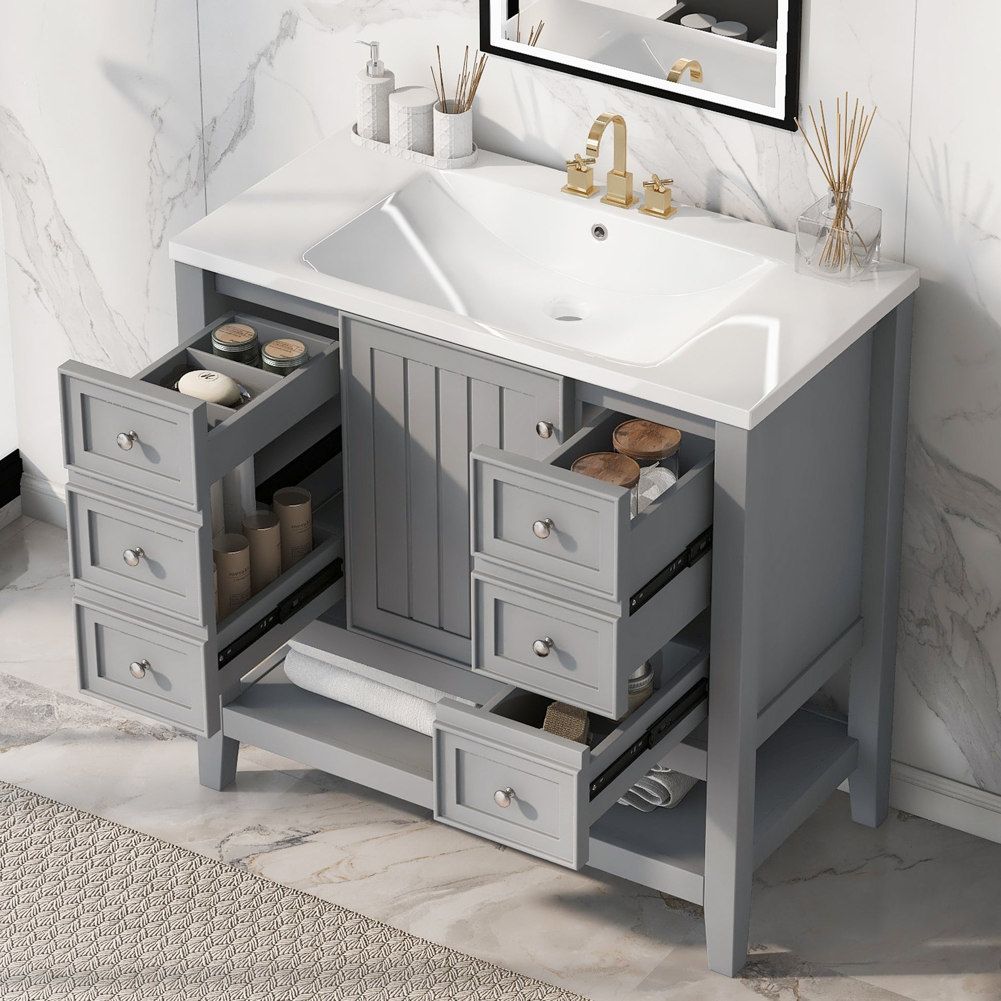 36" Bathroom Vanity With Sink Combo, One Cabinet And Three Drawers, Solid Wood And Mdf Board, Grey Grey Solid Wood Mdf