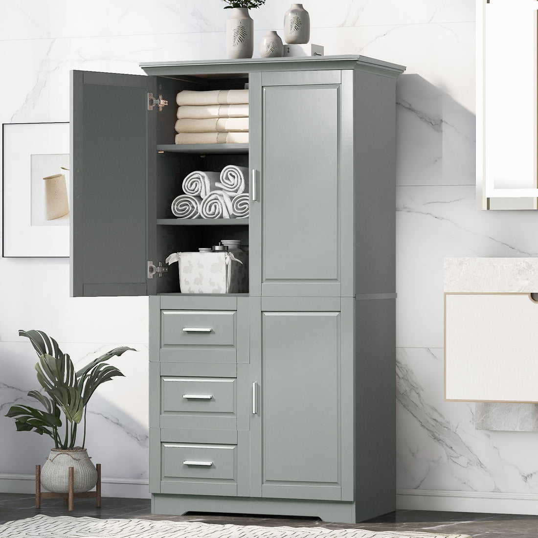 Tall And Wide Storage Cabinet With Doors For Bathroom Office, Three Drawers, Grey Grey Mdf