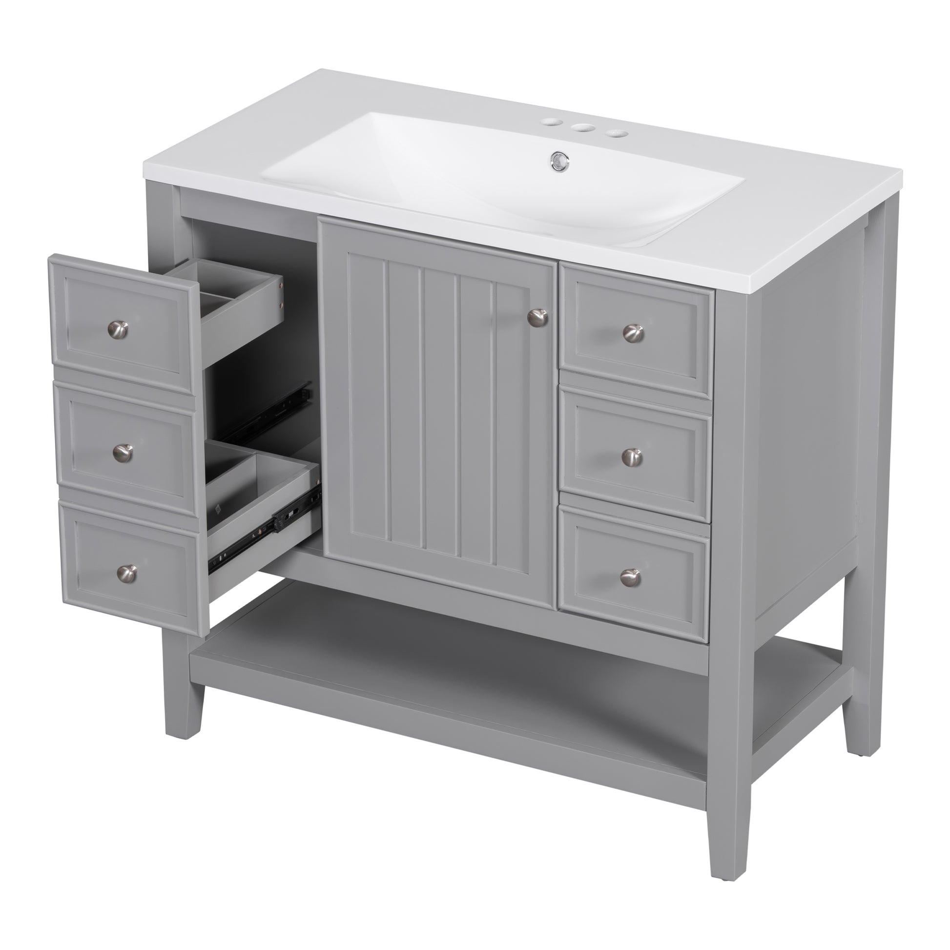 36" Bathroom Vanity With Sink Combo, One Cabinet And Three Drawers, Solid Wood And Mdf Board, Grey Grey Solid Wood Mdf