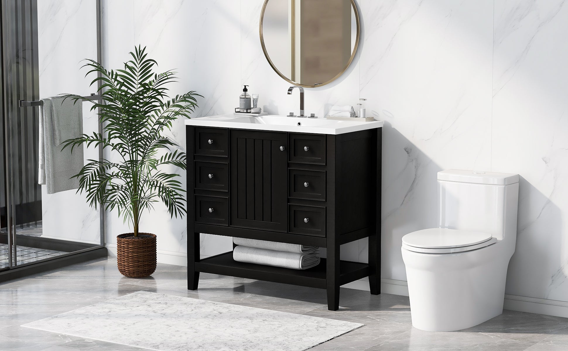 36" Bathroom Vanity With Sink Combo, One Cabinet And Three Drawers, Solid Wood And Mdf Board, Black Black Solid Wood Mdf