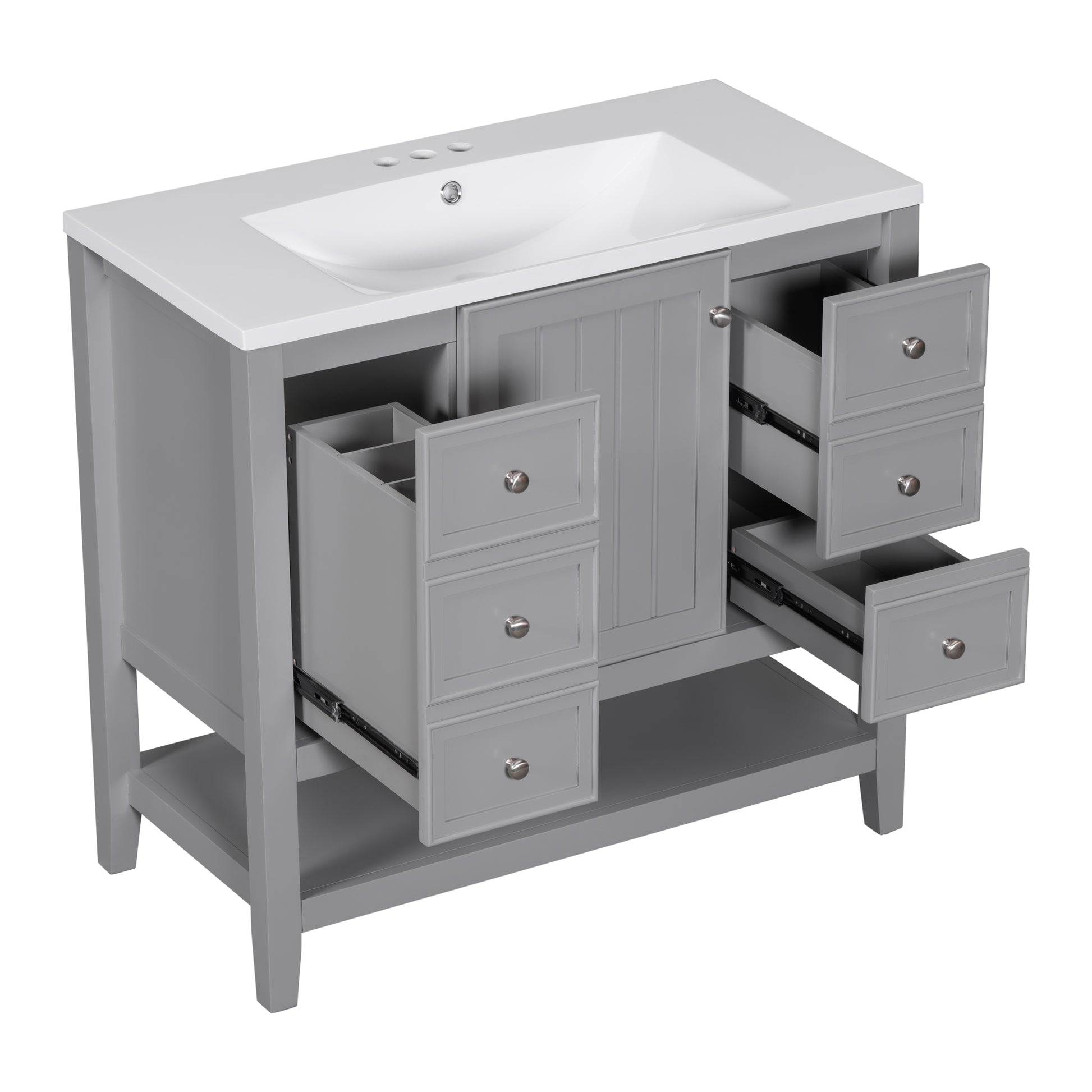 36" Bathroom Vanity With Sink Combo, One Cabinet And Three Drawers, Solid Wood And Mdf Board, Grey Grey Solid Wood Mdf