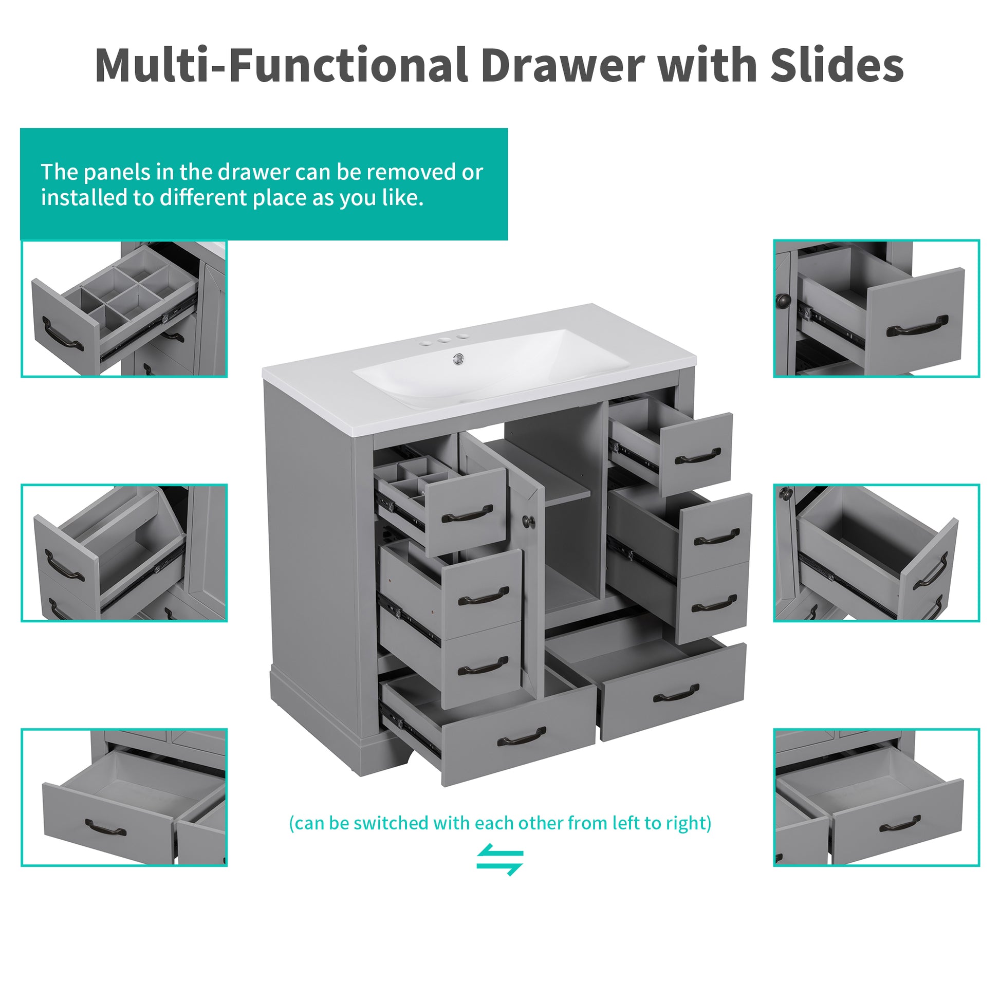 36" Bathroom Vanity With Sink Combo, Six Drawers, Multi Functional Drawer Divider, Adjustable Shelf, Grey Grey Solid Wood Mdf