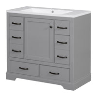 36" Bathroom Vanity With Sink Combo, Six Drawers, Multi Functional Drawer Divider, Adjustable Shelf, Grey Grey Solid Wood Mdf