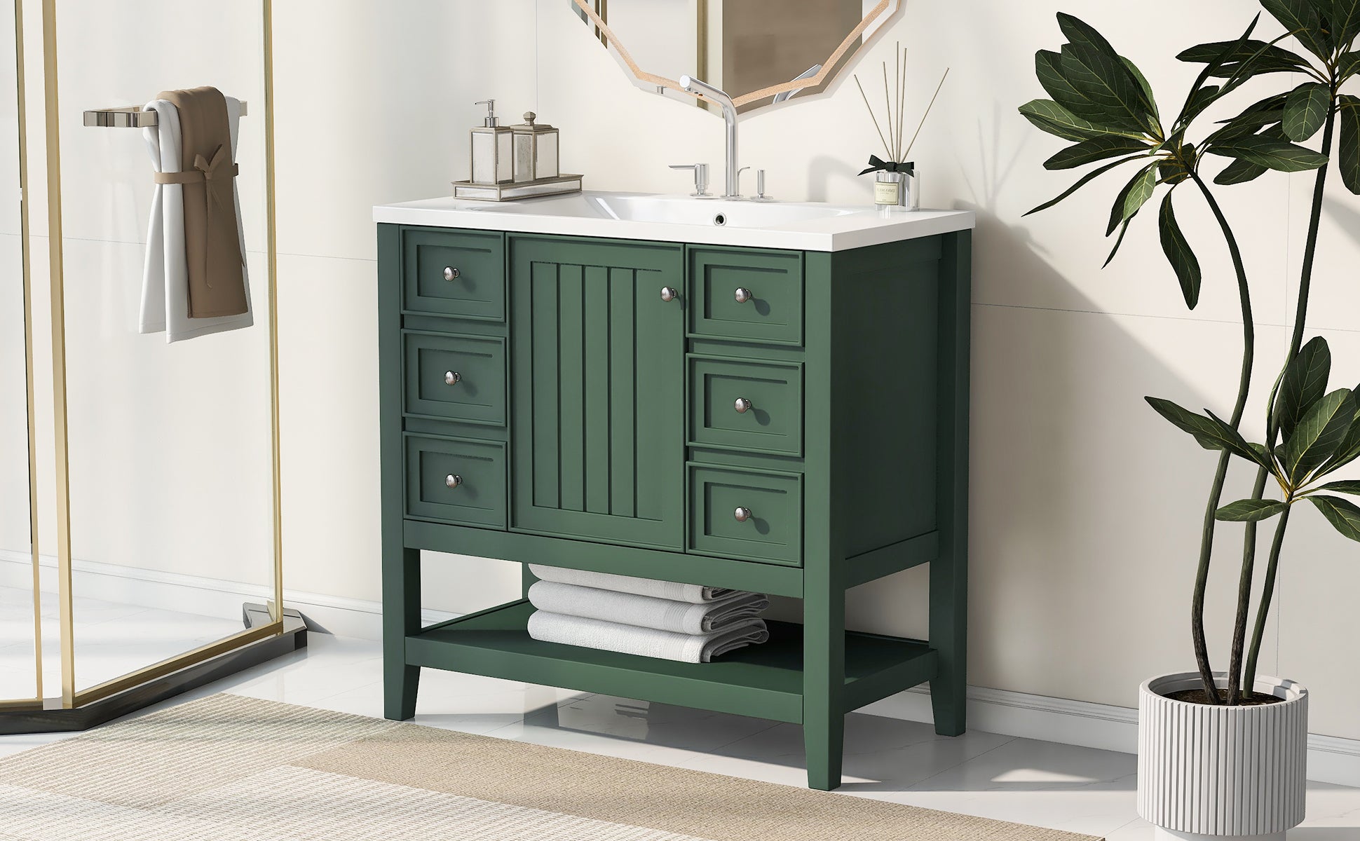 36" Bathroom Vanity With Sink Combo, One Cabinet And Three Drawers, Solid Wood And Mdf Board, Green Green Solid Wood Mdf