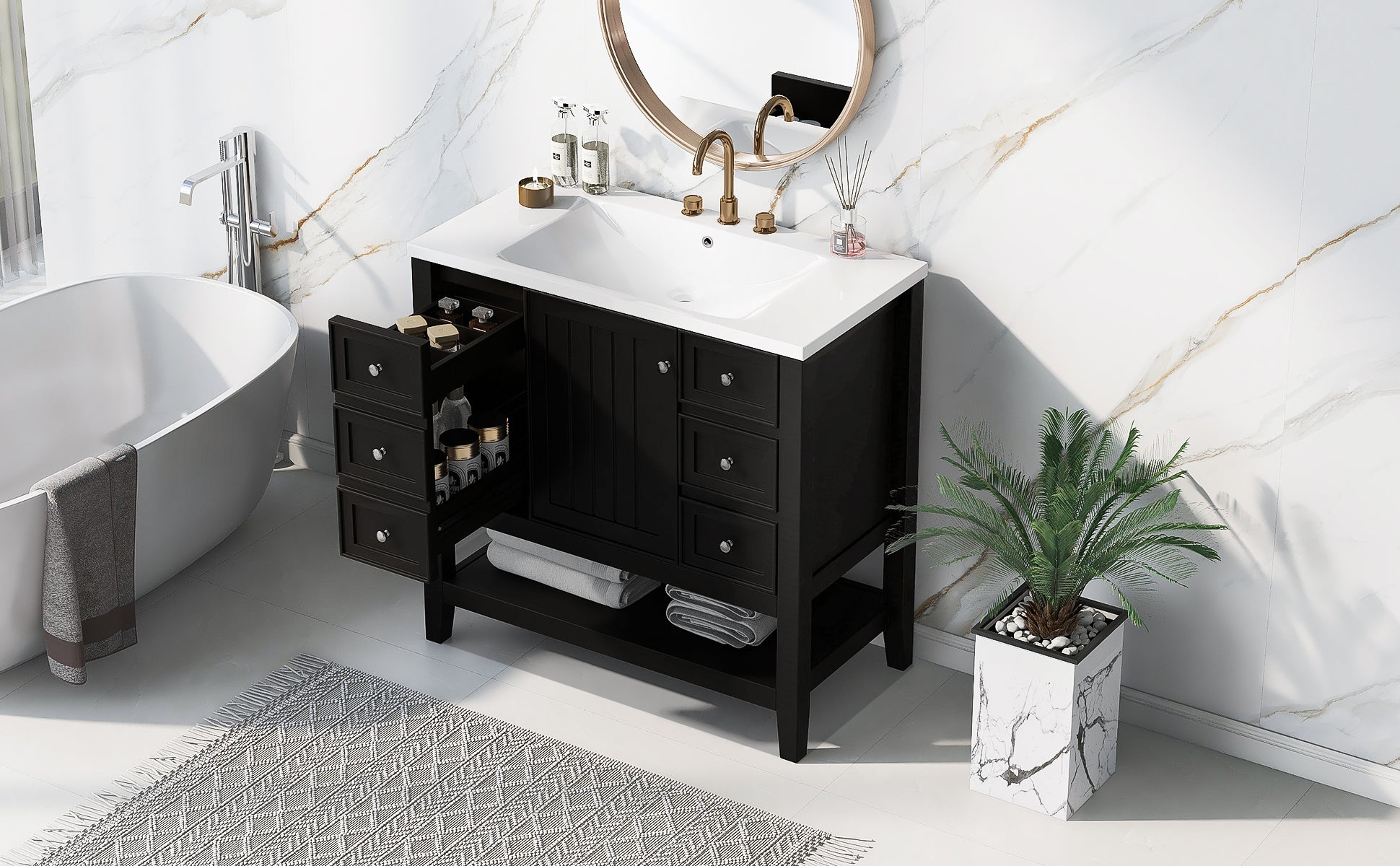 36" Bathroom Vanity With Sink Combo, One Cabinet And Three Drawers, Solid Wood And Mdf Board, Black Black Solid Wood Mdf