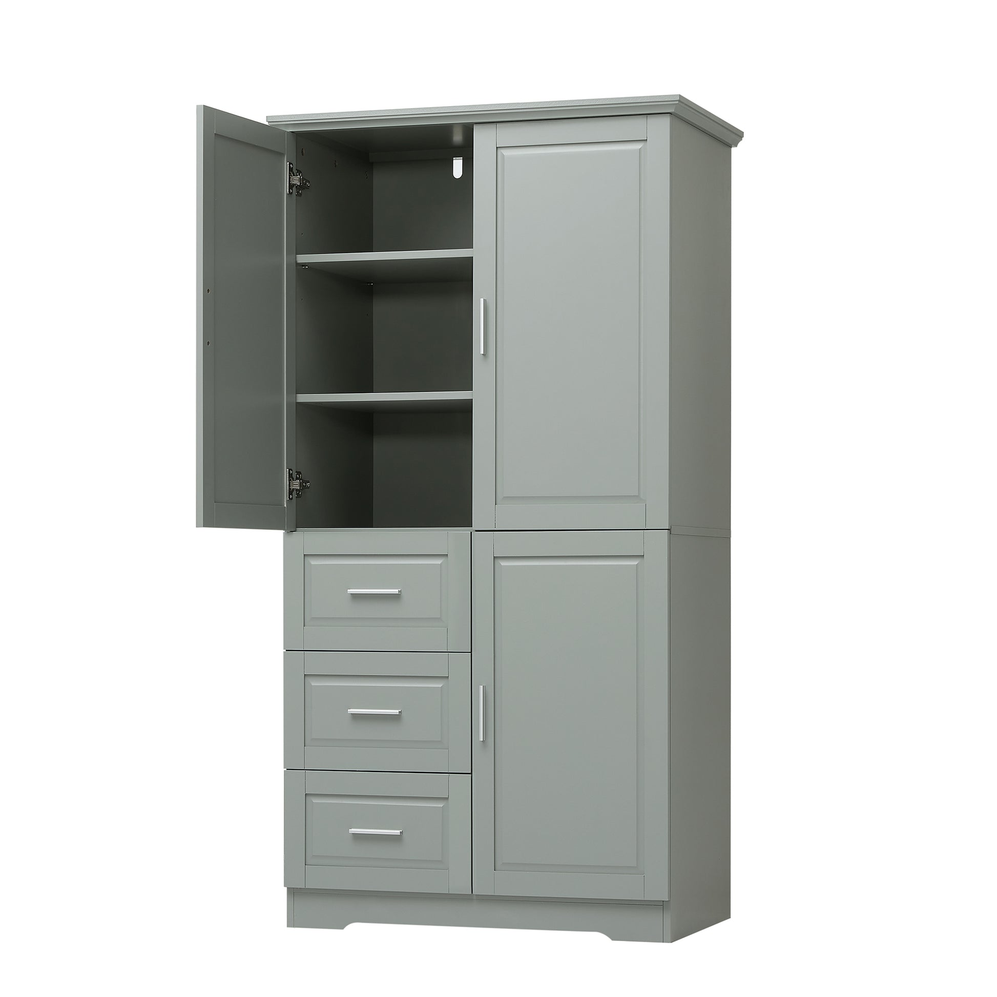 Tall And Wide Storage Cabinet With Doors For Bathroom Office, Three Drawers, Grey Grey Mdf