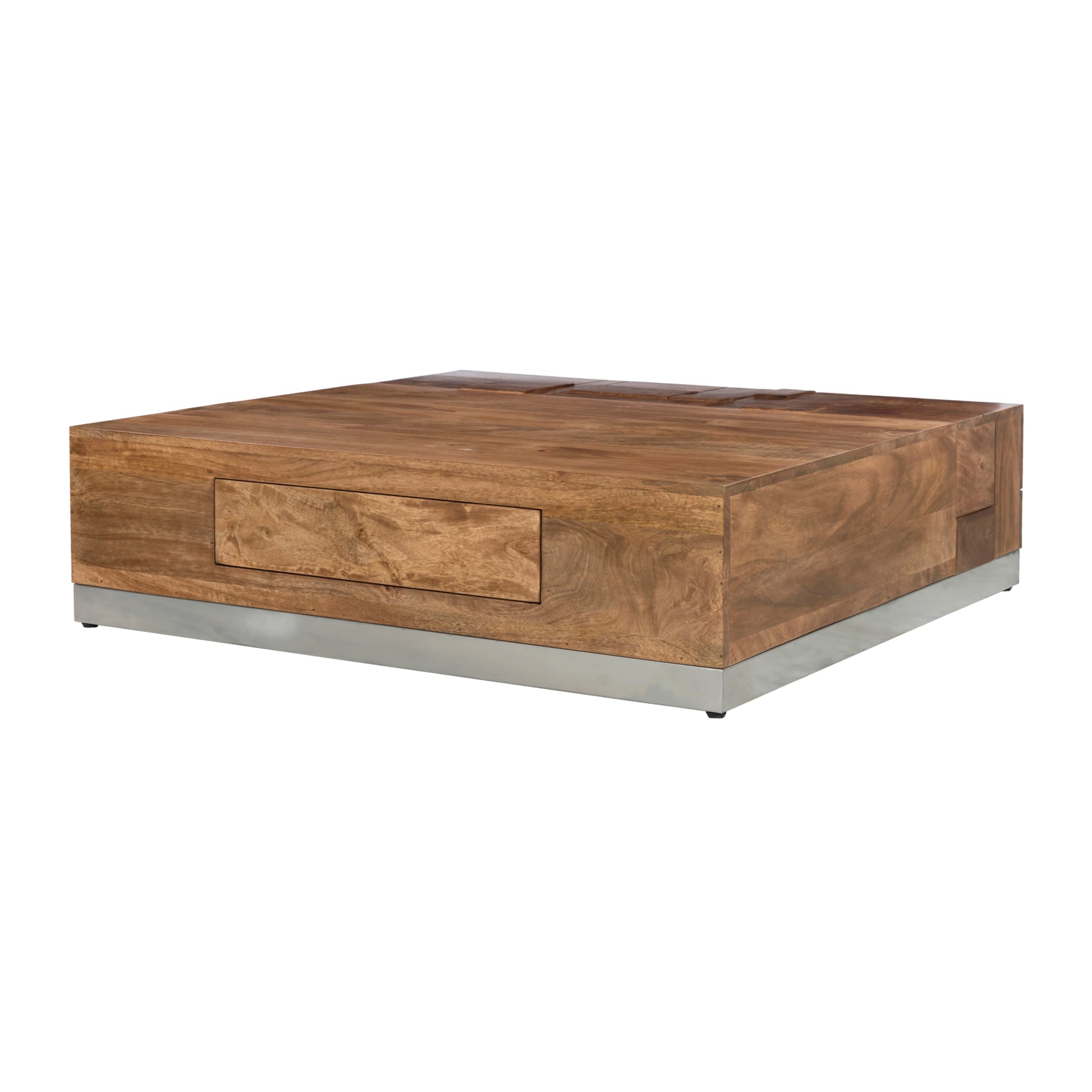 Luxvil Premium Solid Wood Coffee With Storage Acacia Wood Light Brown Contemporary Acacia Drawers Square Polished Solid Wood Sled