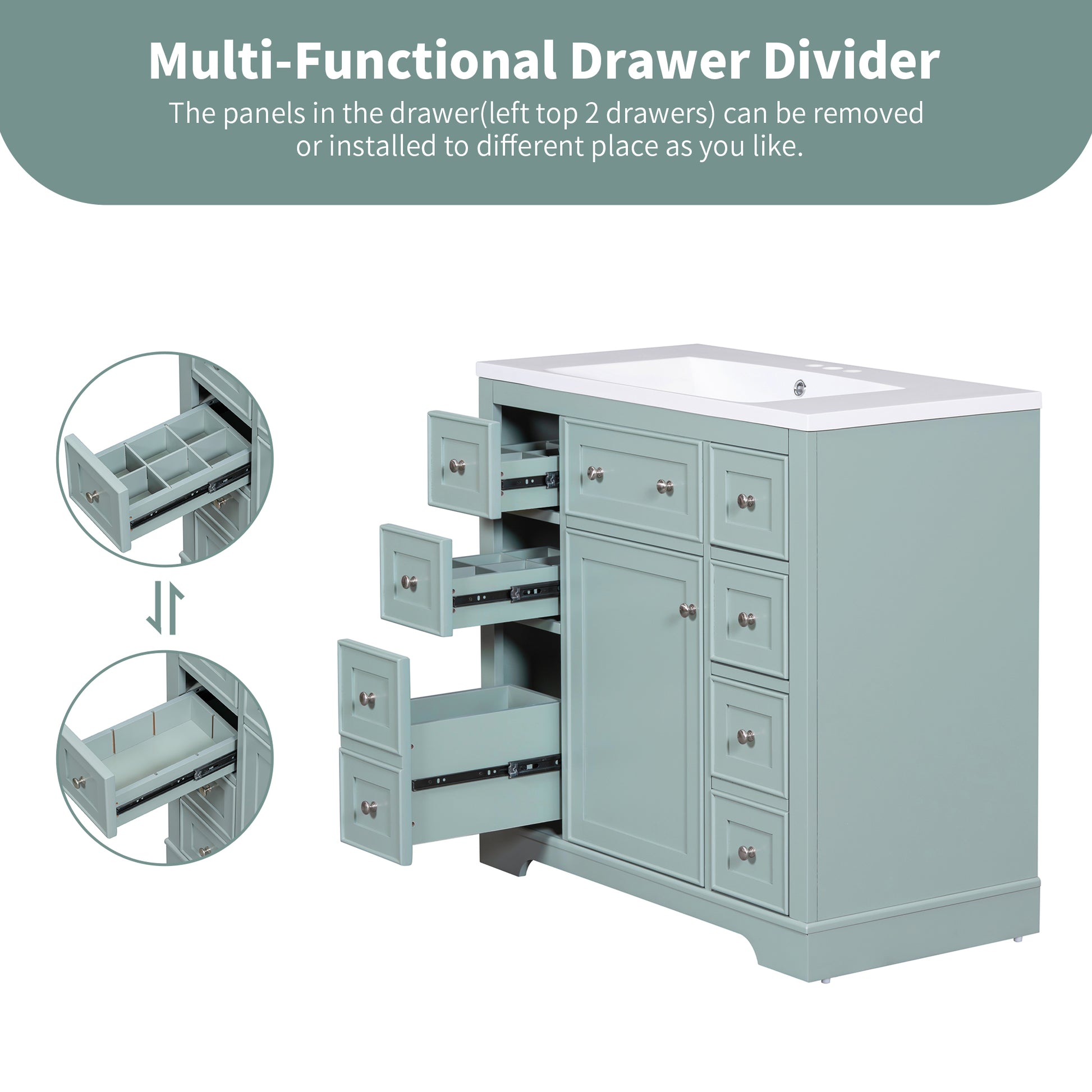 36" Bathroom Vanity With Sink Combo, One Cabinet And Six Drawers, Solid Wood And Mdf Board, Green Old Sku:Sy999404Aag Green Solid Wood Mdf