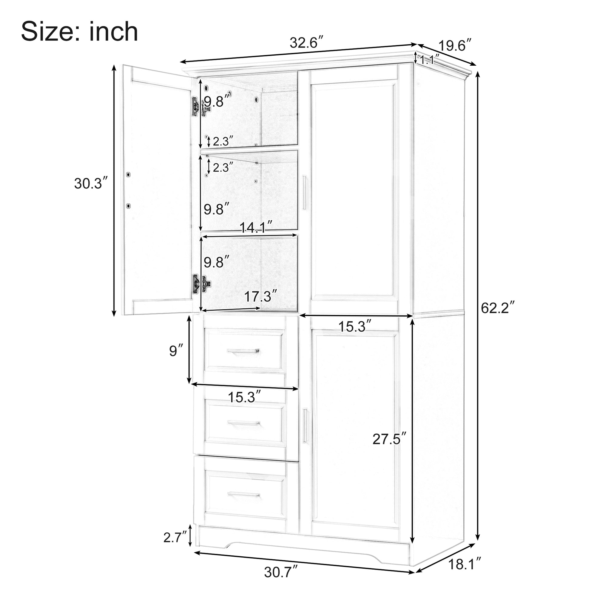 Tall And Wide Storage Cabinet With Doors For Bathroom Office, Three Drawers, Grey Grey Mdf