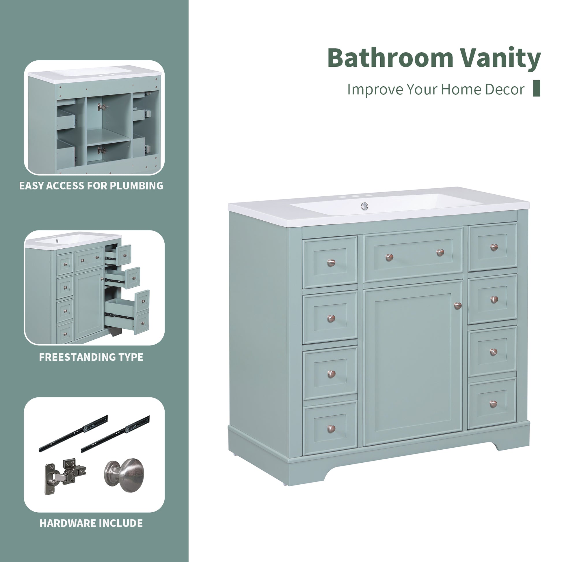 36" Bathroom Vanity With Sink Combo, One Cabinet And Six Drawers, Solid Wood And Mdf Board, Green Green Solid Wood Mdf