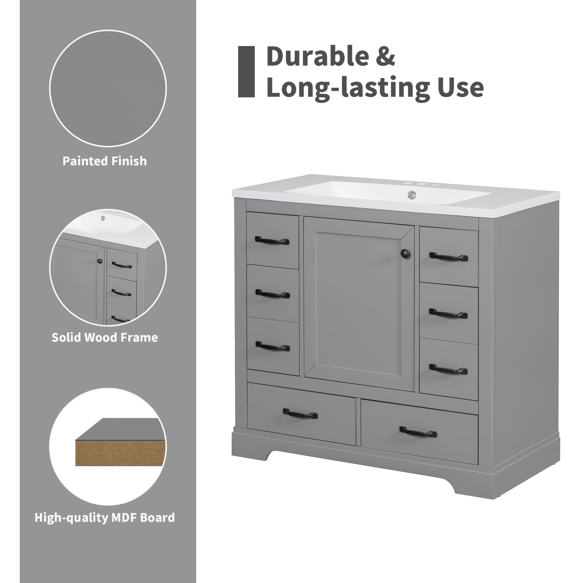 36" Bathroom Vanity With Sink Combo, Six Drawers, Multi Functional Drawer Divider, Adjustable Shelf, Grey Grey Solid Wood Mdf