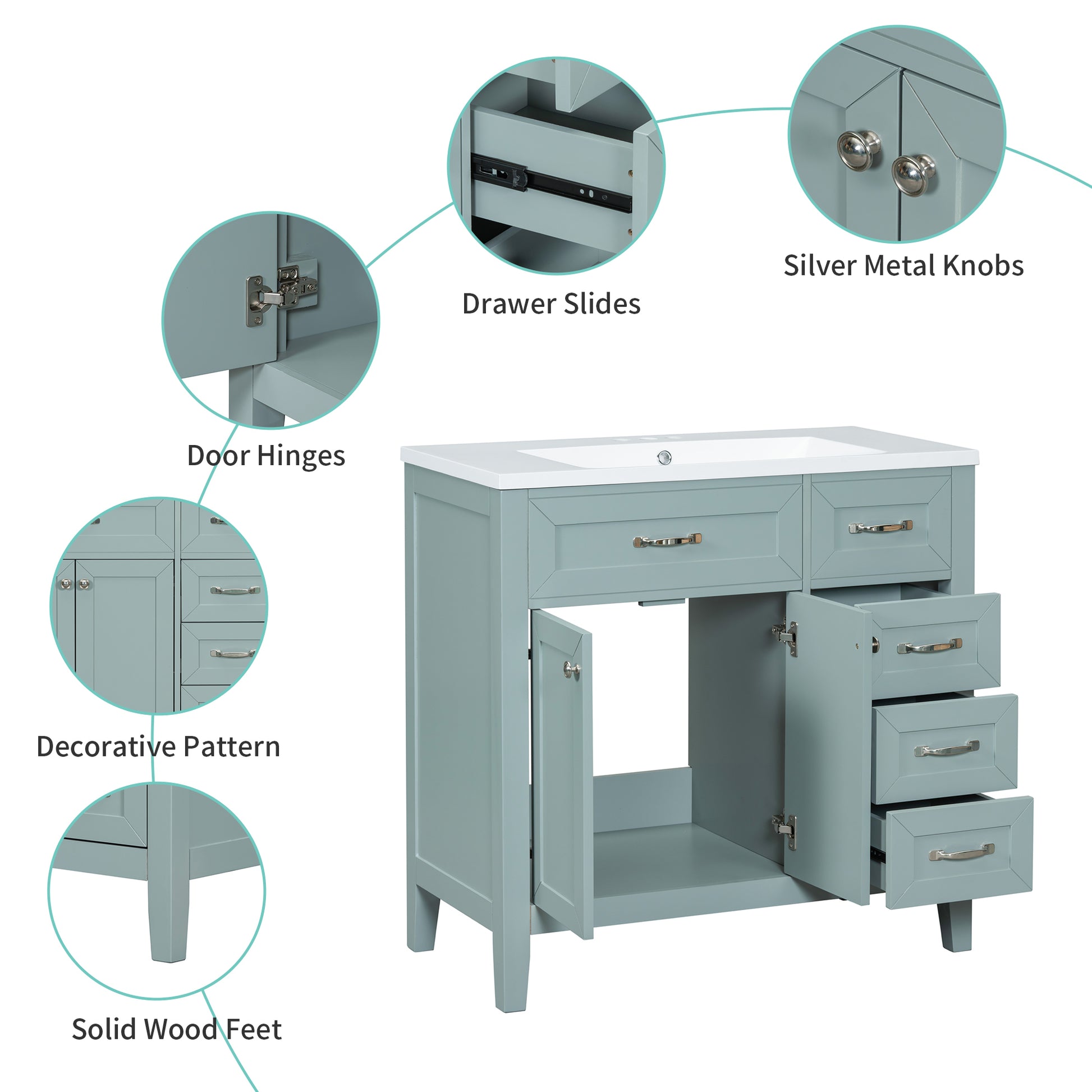 36" Bathroom Vanity With Sink Combo, Green Bathroom Cabinet With Drawers, Solid Frame And Mdf Board Green Solid Wood Mdf