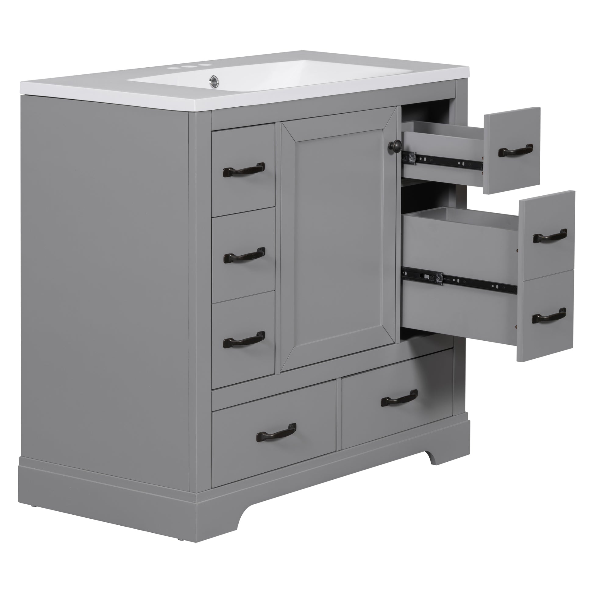 36" Bathroom Vanity With Sink Combo, Six Drawers, Multi Functional Drawer Divider, Adjustable Shelf, Grey Grey Solid Wood Mdf