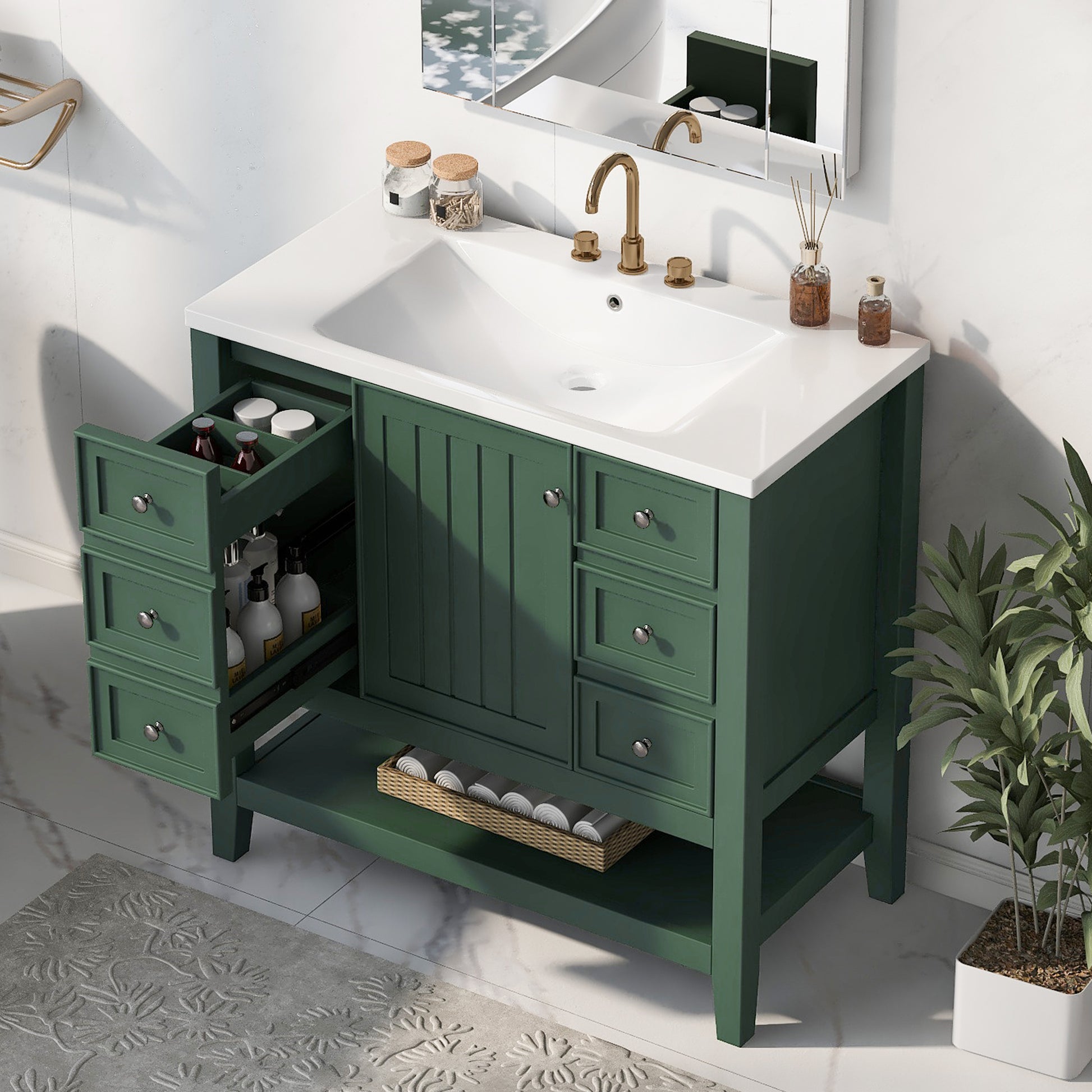 36" Bathroom Vanity With Sink Combo, One Cabinet And Three Drawers, Solid Wood And Mdf Board, Green Old Sku:Sy999505Aag Green Solid Wood Mdf