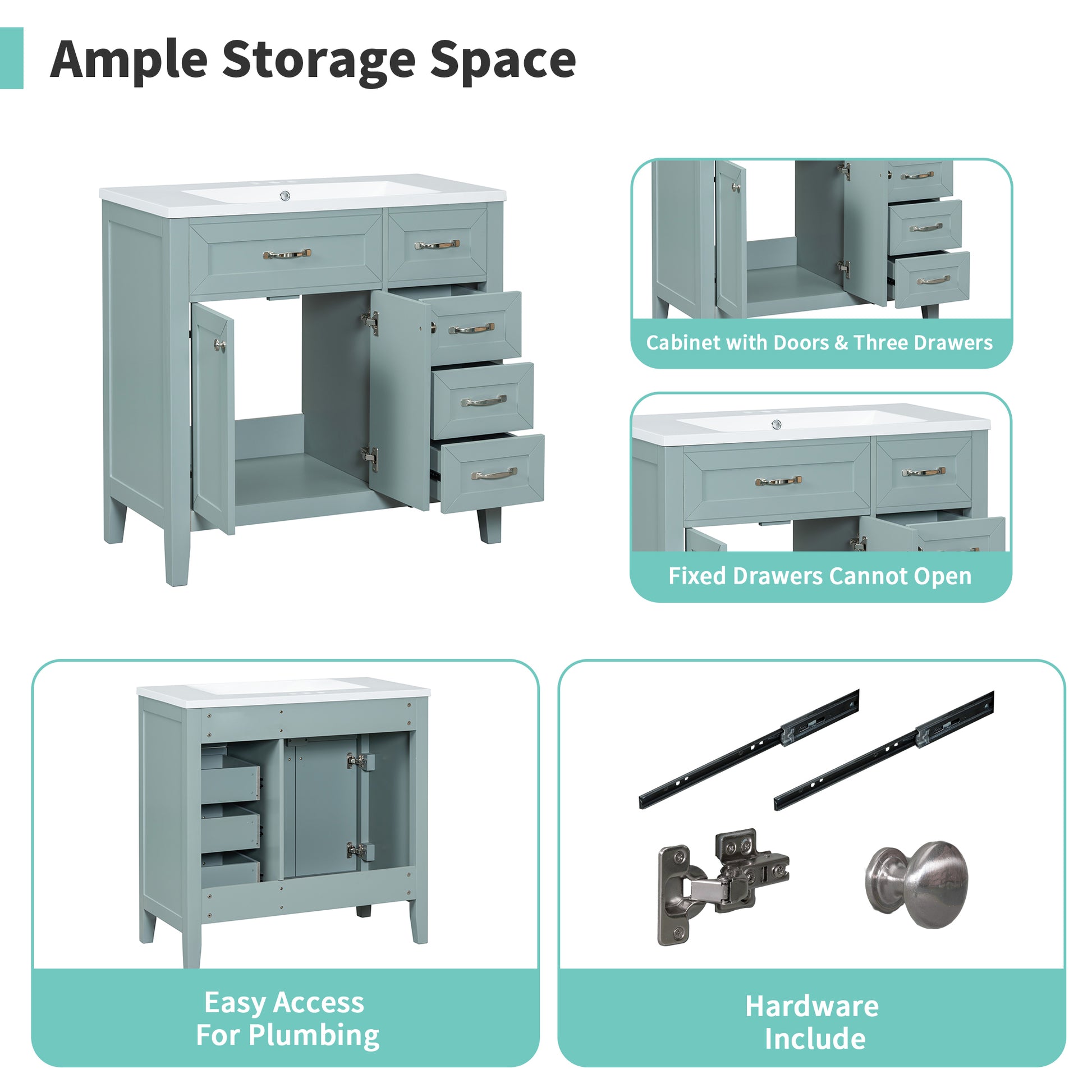 36" Bathroom Vanity With Sink Combo, Green Bathroom Cabinet With Drawers, Solid Frame And Mdf Board Green Solid Wood Mdf