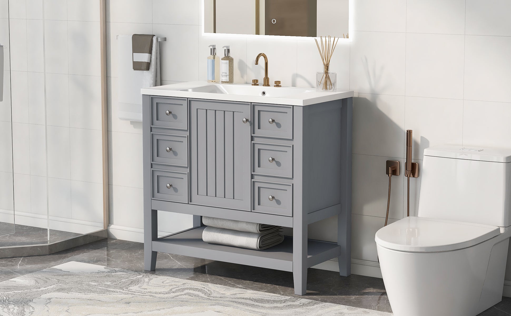 36" Bathroom Vanity With Sink Combo, One Cabinet And Three Drawers, Solid Wood And Mdf Board, Grey Old Sku:Sy999505Aae Grey Solid Wood Mdf