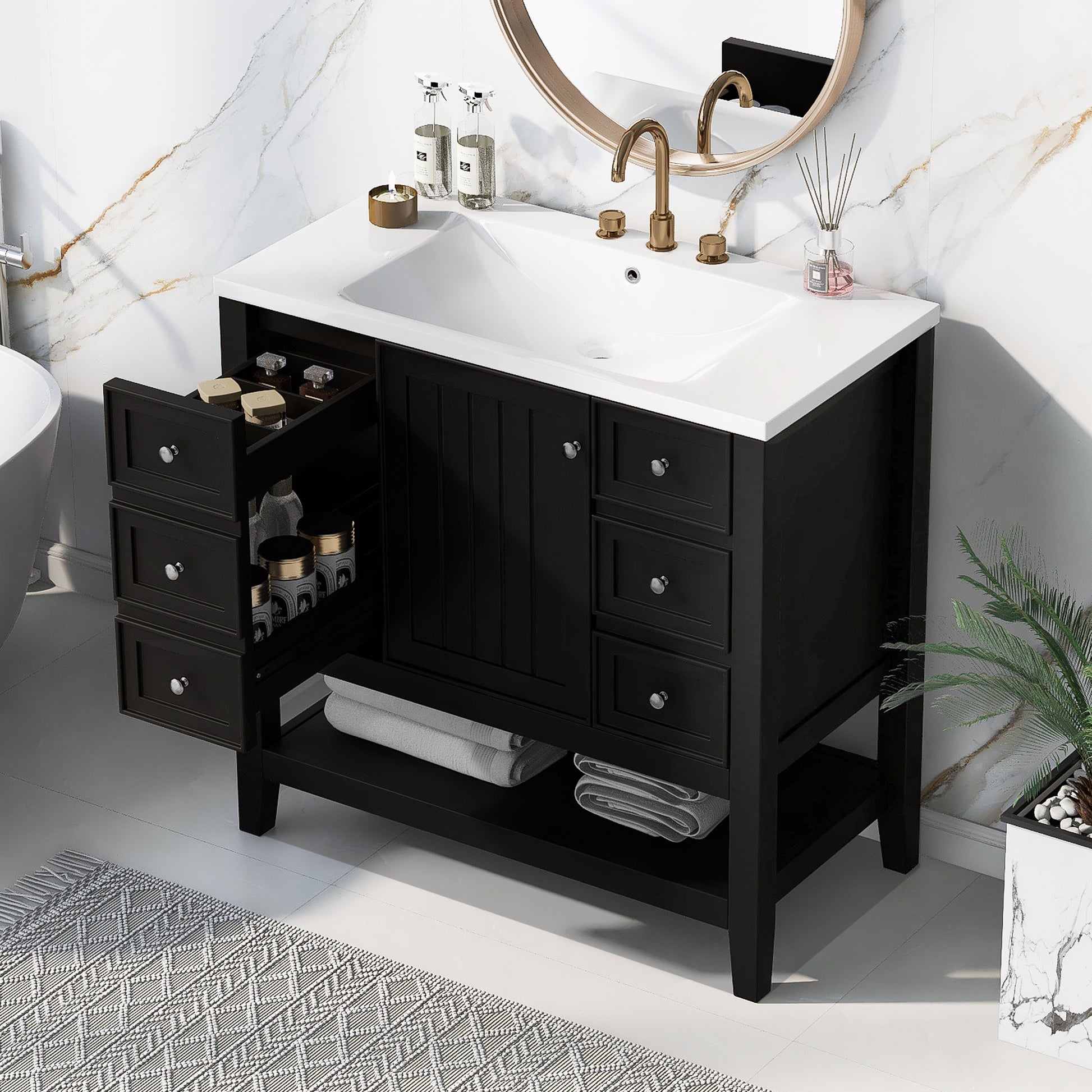 36" Bathroom Vanity With Sink Combo, One Cabinet And Three Drawers, Solid Wood And Mdf Board, Black Black Solid Wood Mdf