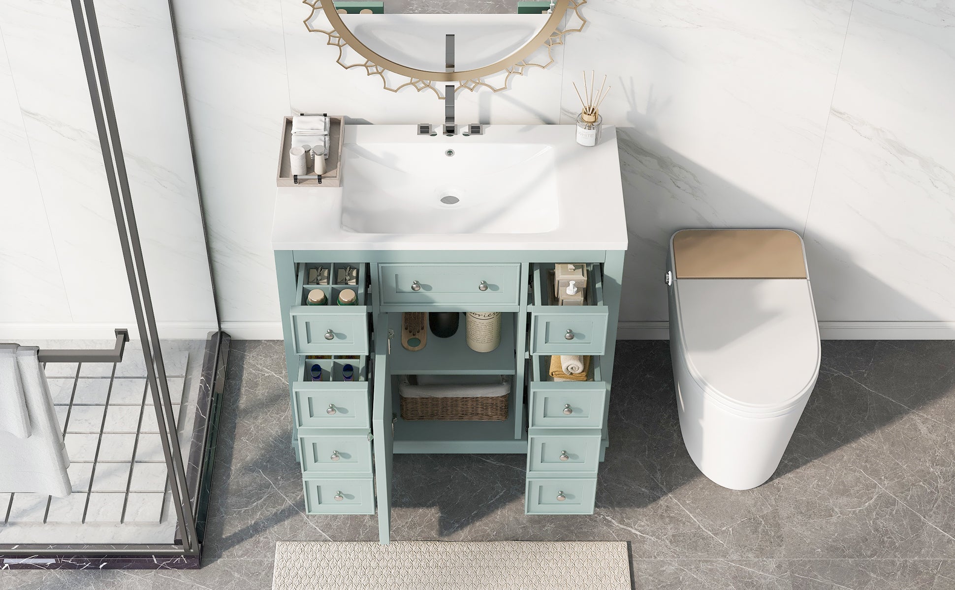 36" Bathroom Vanity With Sink Combo, One Cabinet And Six Drawers, Solid Wood And Mdf Board, Green Green Solid Wood Mdf