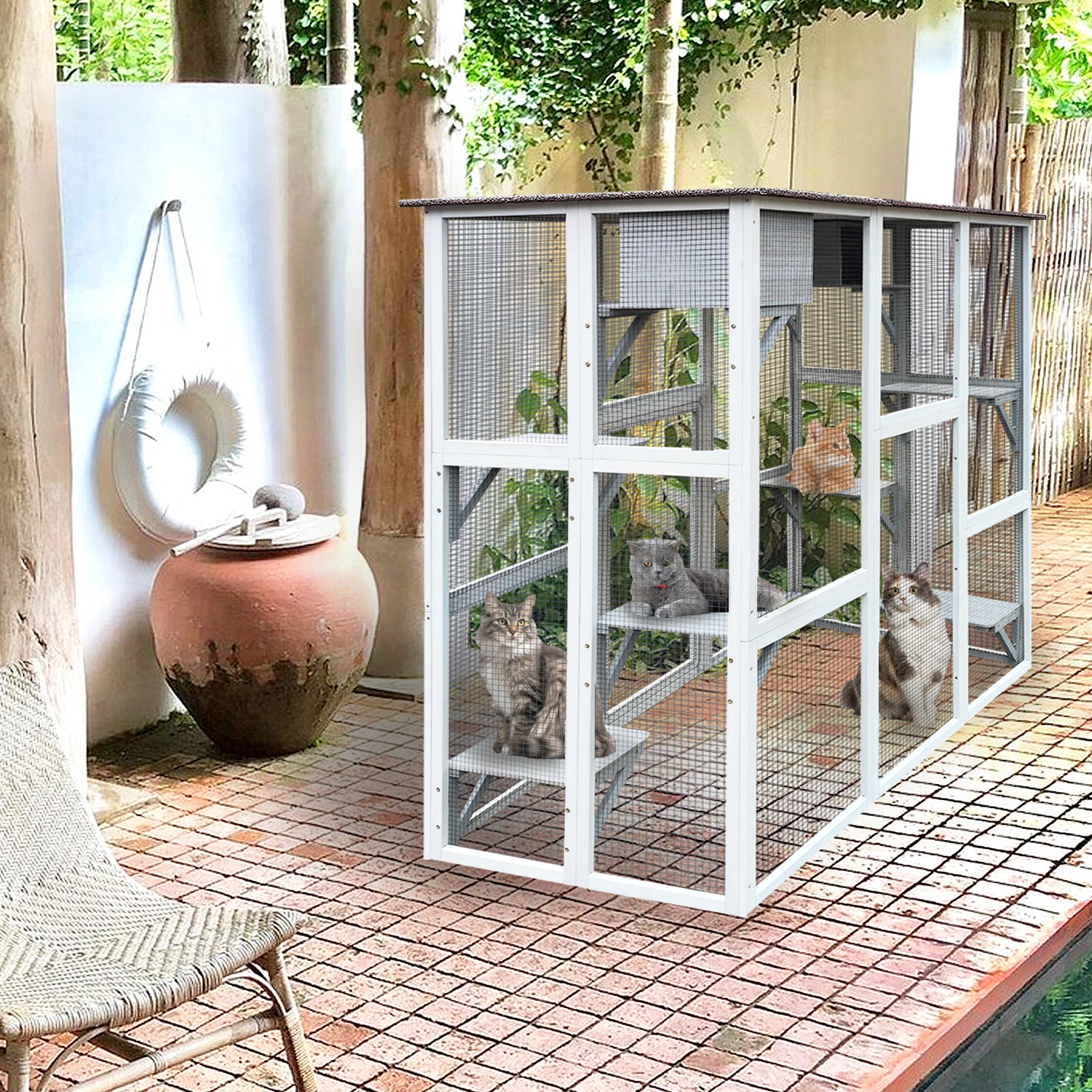 Wooden Catio Cat Enclosure, 71" Cat House Weatherproof Asphalt Roof, Large Solid Wood Cat Cage Playpen With 8 Jumping Platforms & 2 Napping Houses, Walk In Cat Kennel Condo Shelter Gray Wood