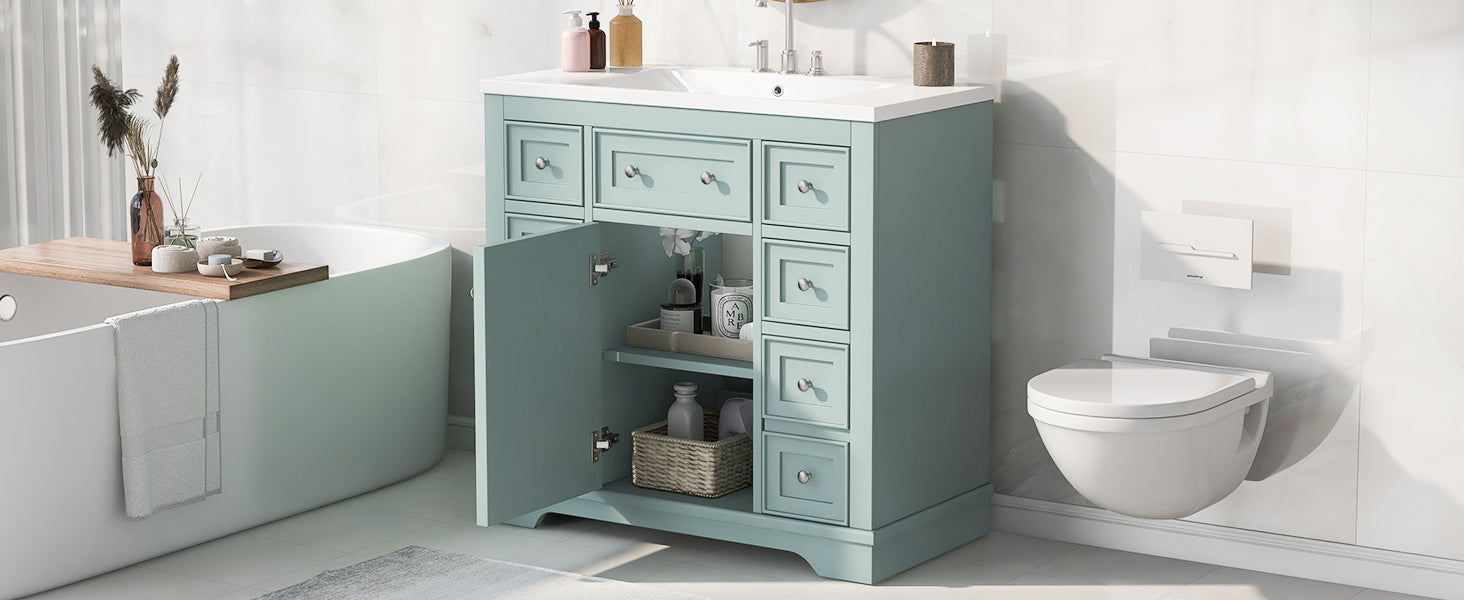 36" Bathroom Vanity With Sink Combo, One Cabinet And Six Drawers, Solid Wood And Mdf Board, Green Green Solid Wood Mdf