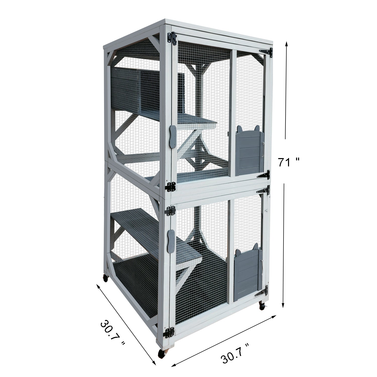 30.7" Wooden Catio Cat Enclosure, Luxury Cat House On Wheels With Napping House, 4 Platforms & Weatherproof Asphalt Roof, Large Kitty Cat Condo Cage Shelter Playpen With Sliding Doors Gray Wood