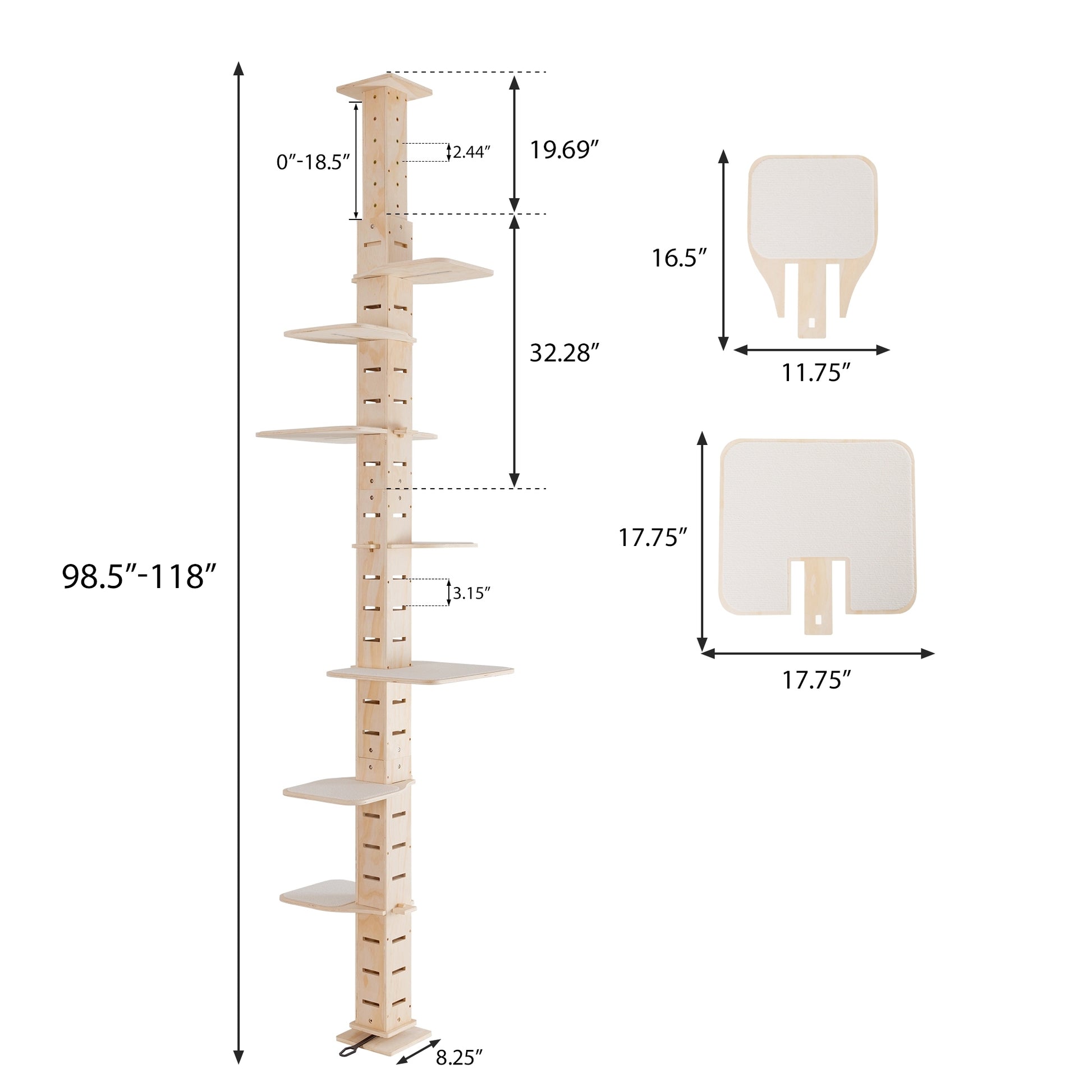 9' Adjustable Height Floor To Ceiling Cat Tree, Multi Level Cat Vertical Cat Condo, Cat Climbing Frame Activity Center With Perching Shelves For Indoor Cats, Natural Natural Wood