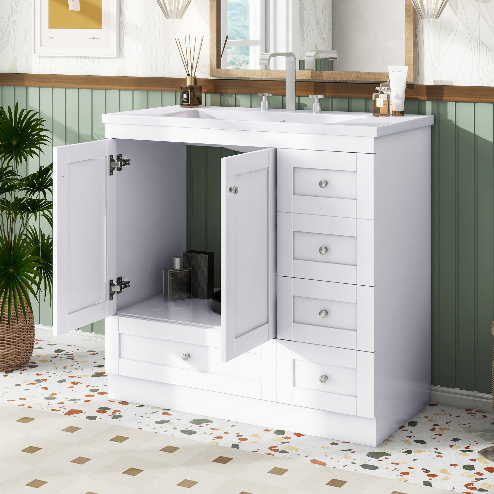 Video 36 Inch Shaker Style Free Standing Bathroom Vanity Cabinet With Sink, 4 Soft Close Drawers And 2 Soft Close Doors White Mdf