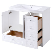 Video 36 Inch Shaker Style Free Standing Bathroom Vanity Cabinet With Sink, 4 Soft Close Drawers And 2 Soft Close Doors White Mdf