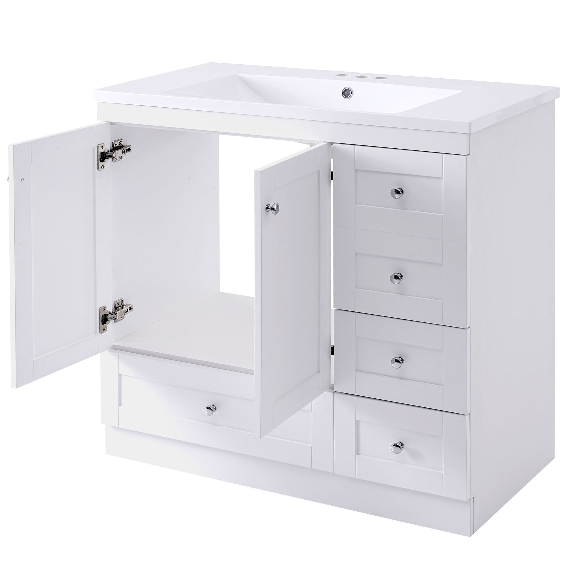 Video 36 Inch Shaker Style Free Standing Bathroom Vanity Cabinet With Sink, 4 Soft Close Drawers And 2 Soft Close Doors White Mdf