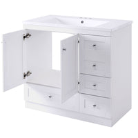 Video 36 Inch Shaker Style Free Standing Bathroom Vanity Cabinet With Sink, 4 Soft Close Drawers And 2 Soft Close Doors White Mdf