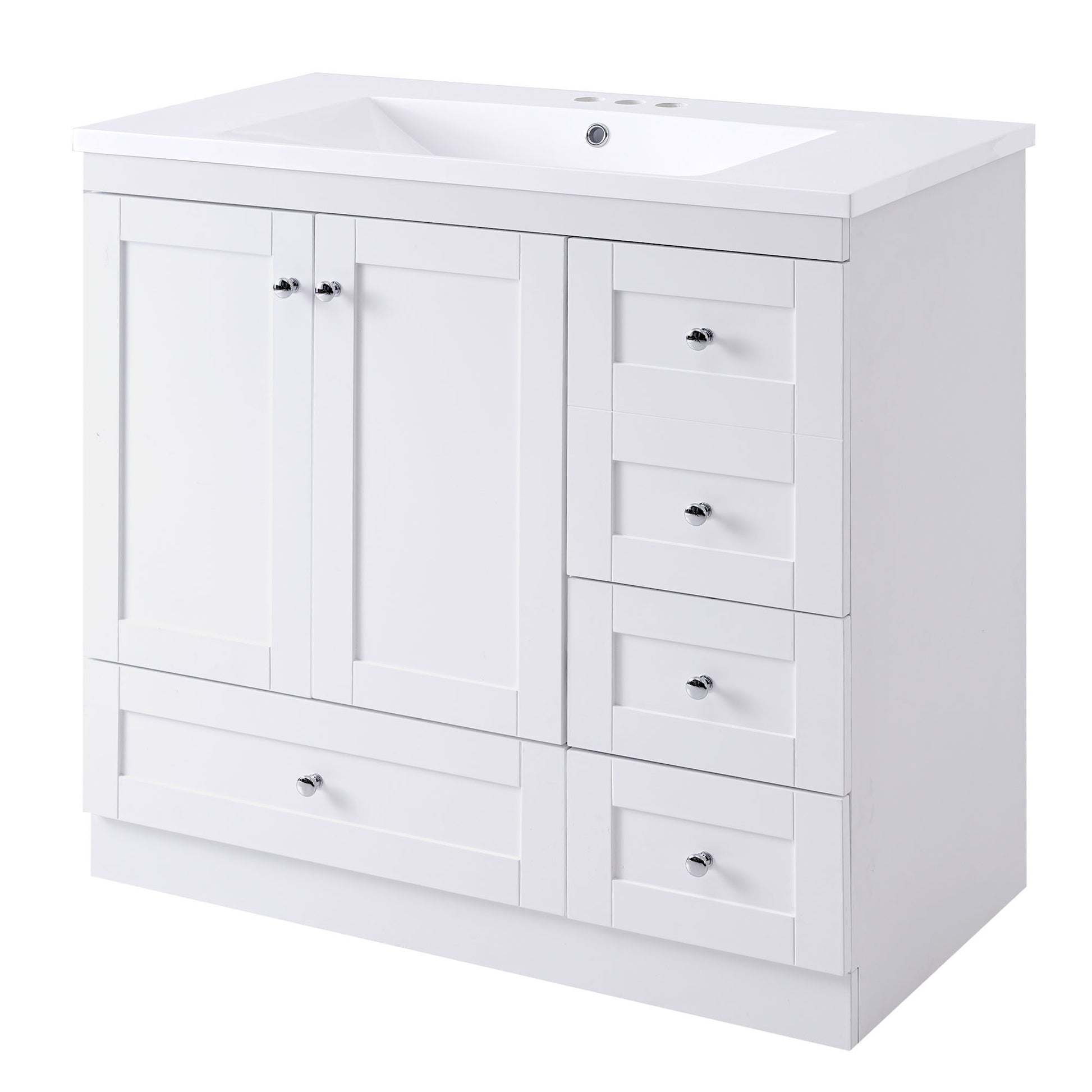 Video 36 Inch Shaker Style Free Standing Bathroom Vanity Cabinet With Sink, 4 Soft Close Drawers And 2 Soft Close Doors White Mdf